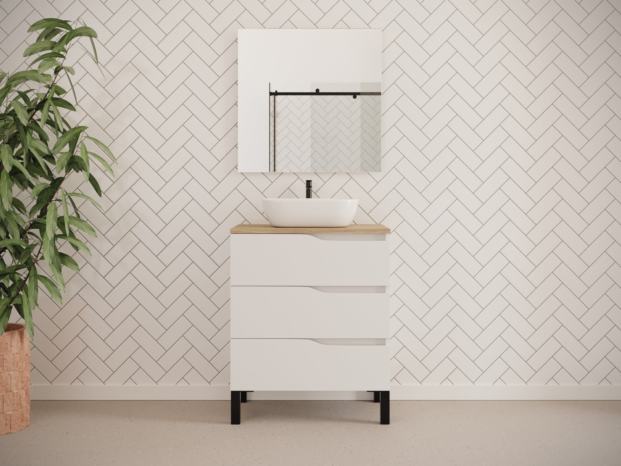 Meuble de salle de bain 60cm avec plateau miel et vasque à poser zeus - 3 tiroirs - sans miroir - blanc - MATA - 3