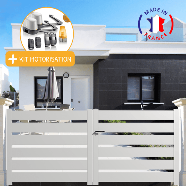 Portail aluminium battant SAH en kit + Motorisation dimensions L.3500 (entre piliers) X H.1500 mm LOCKYVIA (à bras) Couleurs Blanc (RAL 9010)
