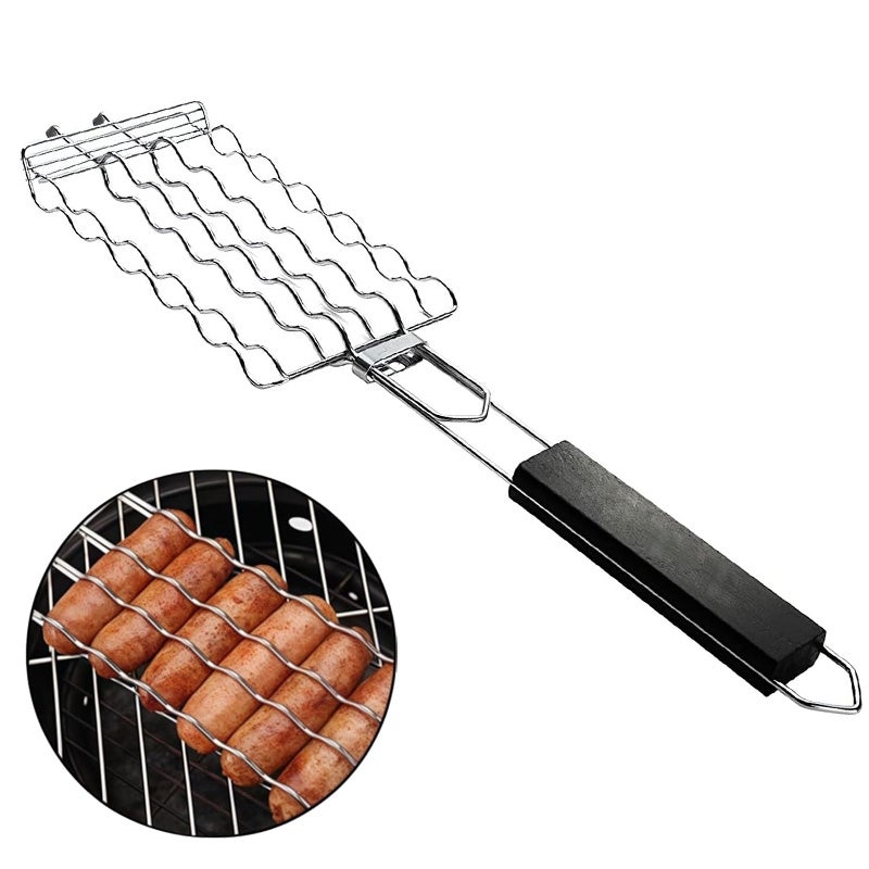 Kosz do grillowania Siatka do grillowania kiełbasek BBQ Uchwyt grillowania hot dogów Siatka grillowania kiełbasek Metalowy klips siatki uchwytem BBQ