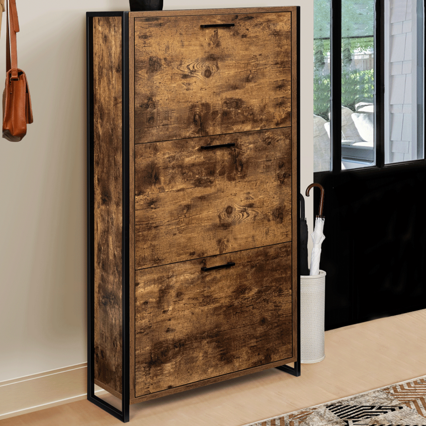 Meuble à chaussures 18 paires DAYTON 3 portes effet vieilli design industriel - 5