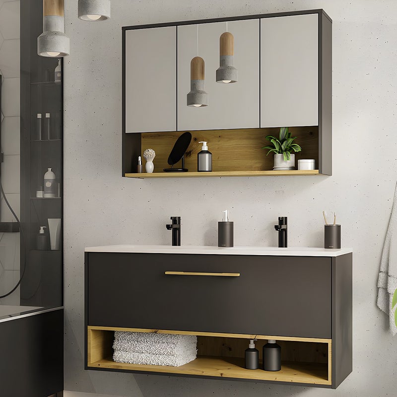 Szafka łazienkowa wisząca w kolorze antracytowym z wbudowaną umywalką i szafką z lustrem - 120 cm - YANGRA