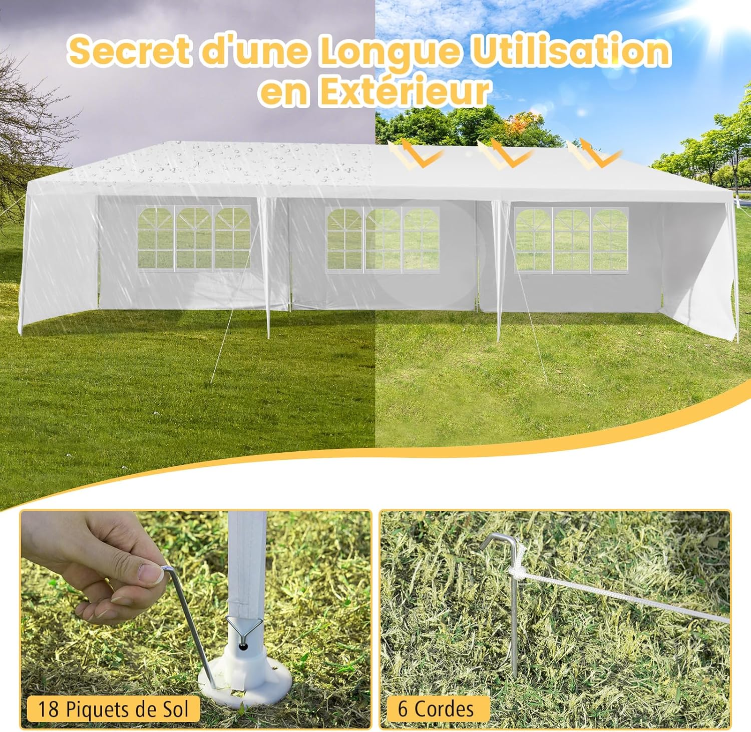 Tonnelle de Jardin 3x9m inclut 6 Murs Amovibles avec Fenêtre sur Côté, Abri Robuste avec Piquets de Terre - 4