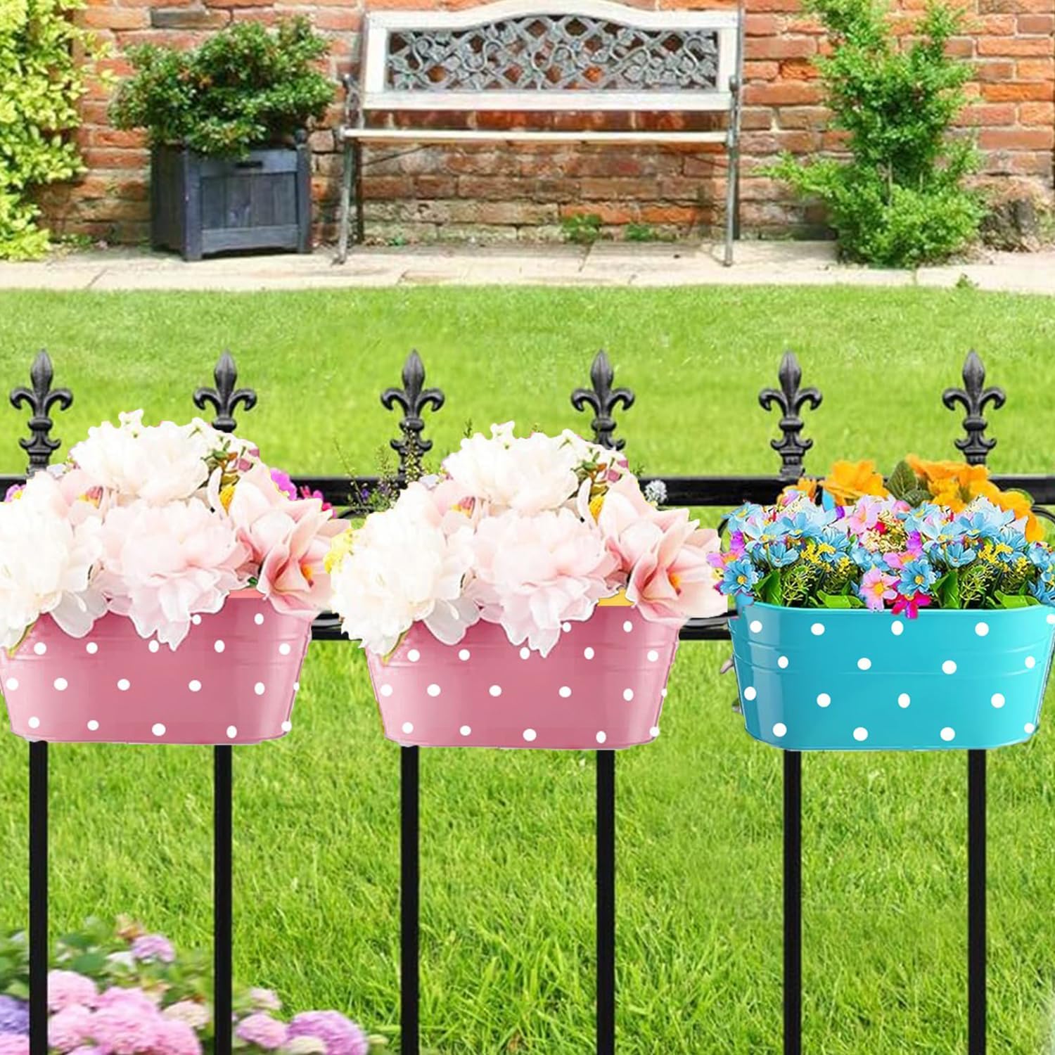 Lot de 4 pots de fleurs suspendus en métal avec trou de drainage - Avec double crochet amovible -Pour décoration de jardin et balcon -Bleu - 6