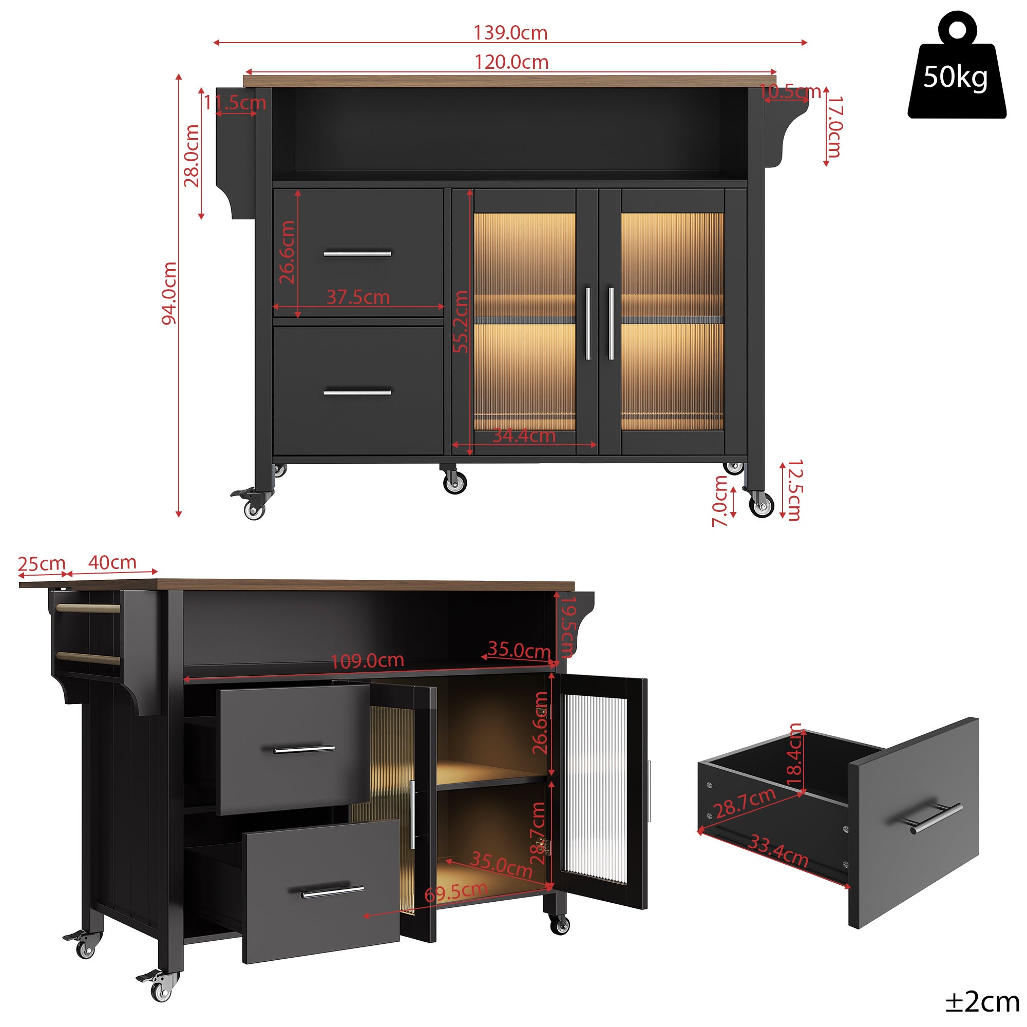 Isla de cocina móvil - encimera extensible - con LED - 2 cajones y 2 puertas - con toallero - MDF - negro + natural - 3