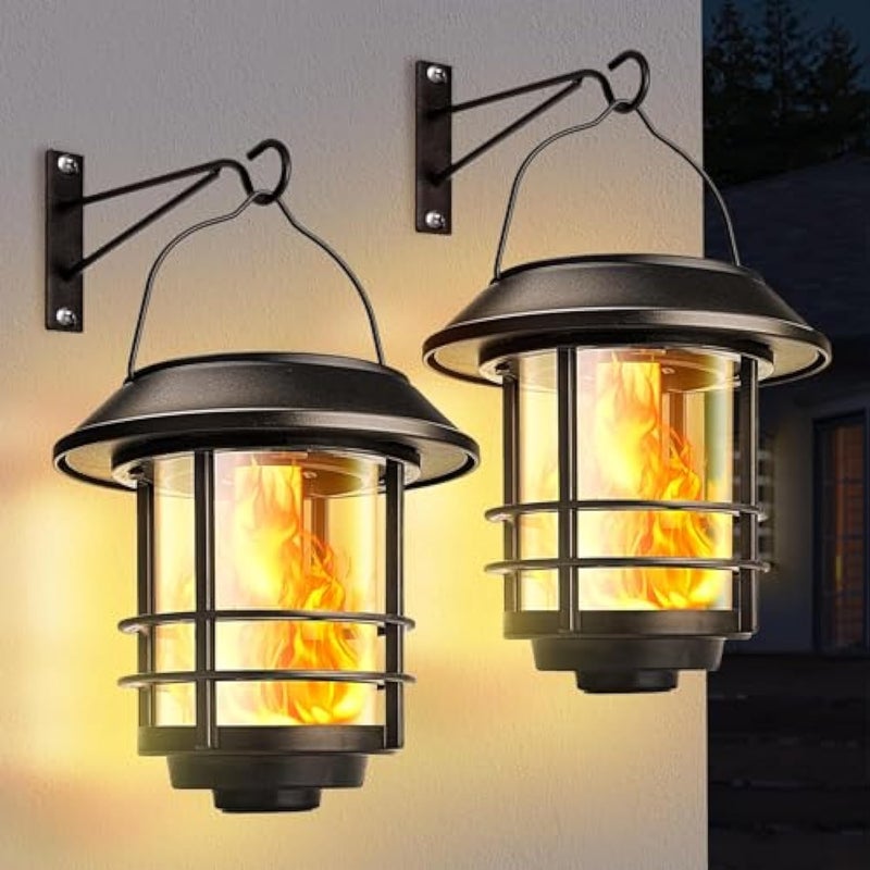 Zewnętrzna solarna lampa LED, 2 kinkiety zewnętrzne solarne z realistycznym efektem płomienia, wodoodporna latarnia zewnętrzna IP65