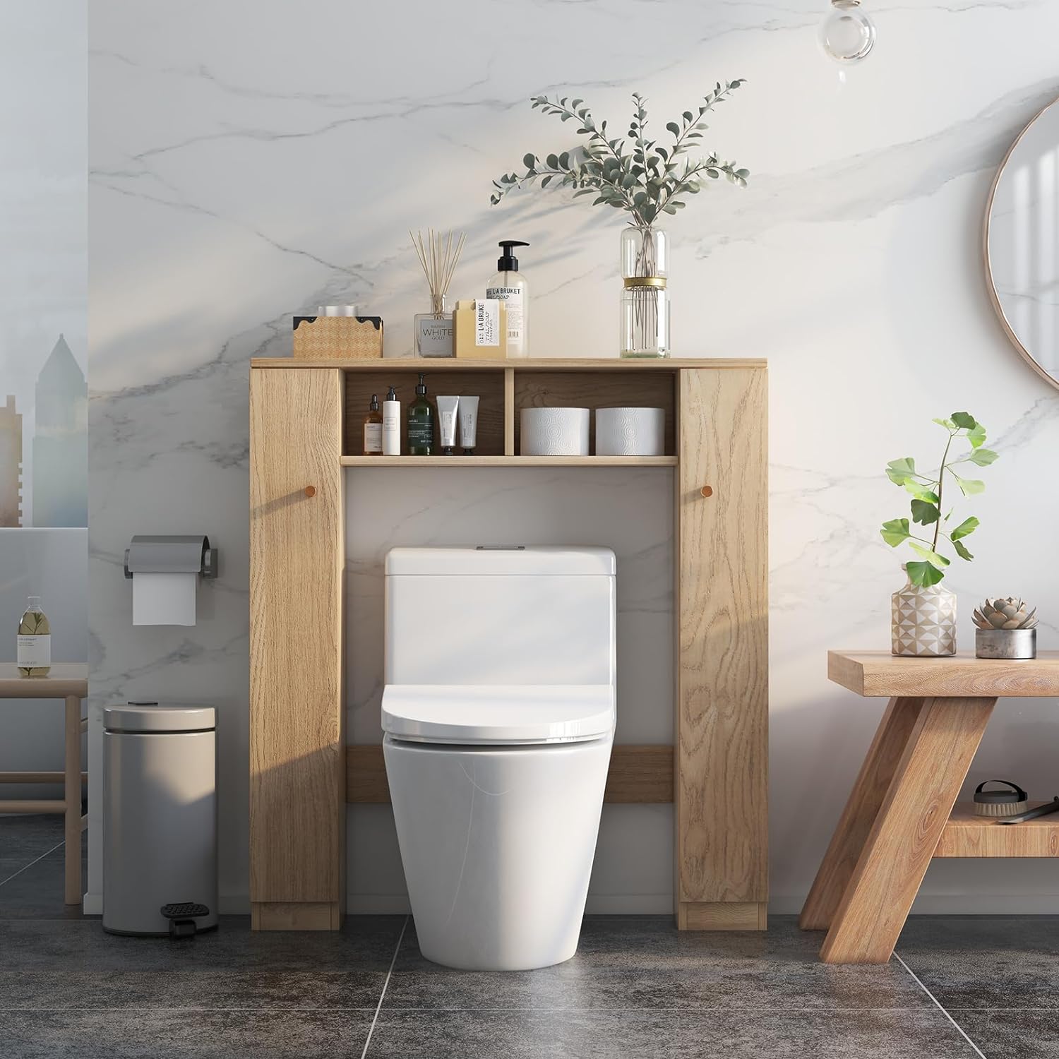 Meuble WC Étagère 87,5 x 18 x 98 cm au-Dessus des Toilettes, Meuble Salle de Bain avec Doubles Portes & 4 Étagères Réglables, Naturel - 6