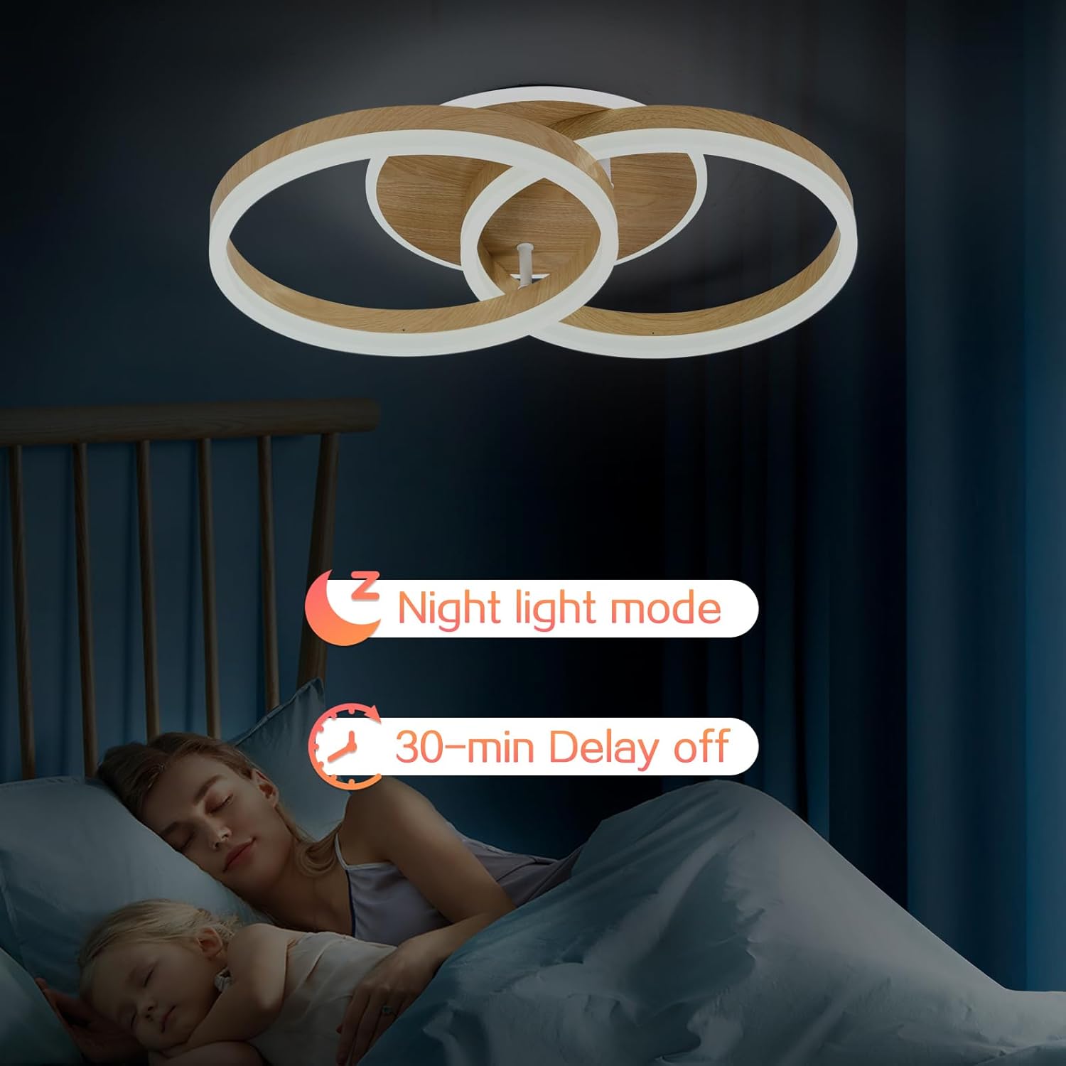Amdelne Plafonnier LED 2 Anneaux Ø50cm 36W, Design Moderne, Dimmable avec Télécommande, Métal+Acrylique, Effet Bois, Salon/Chambre/Salle à manger - 5
