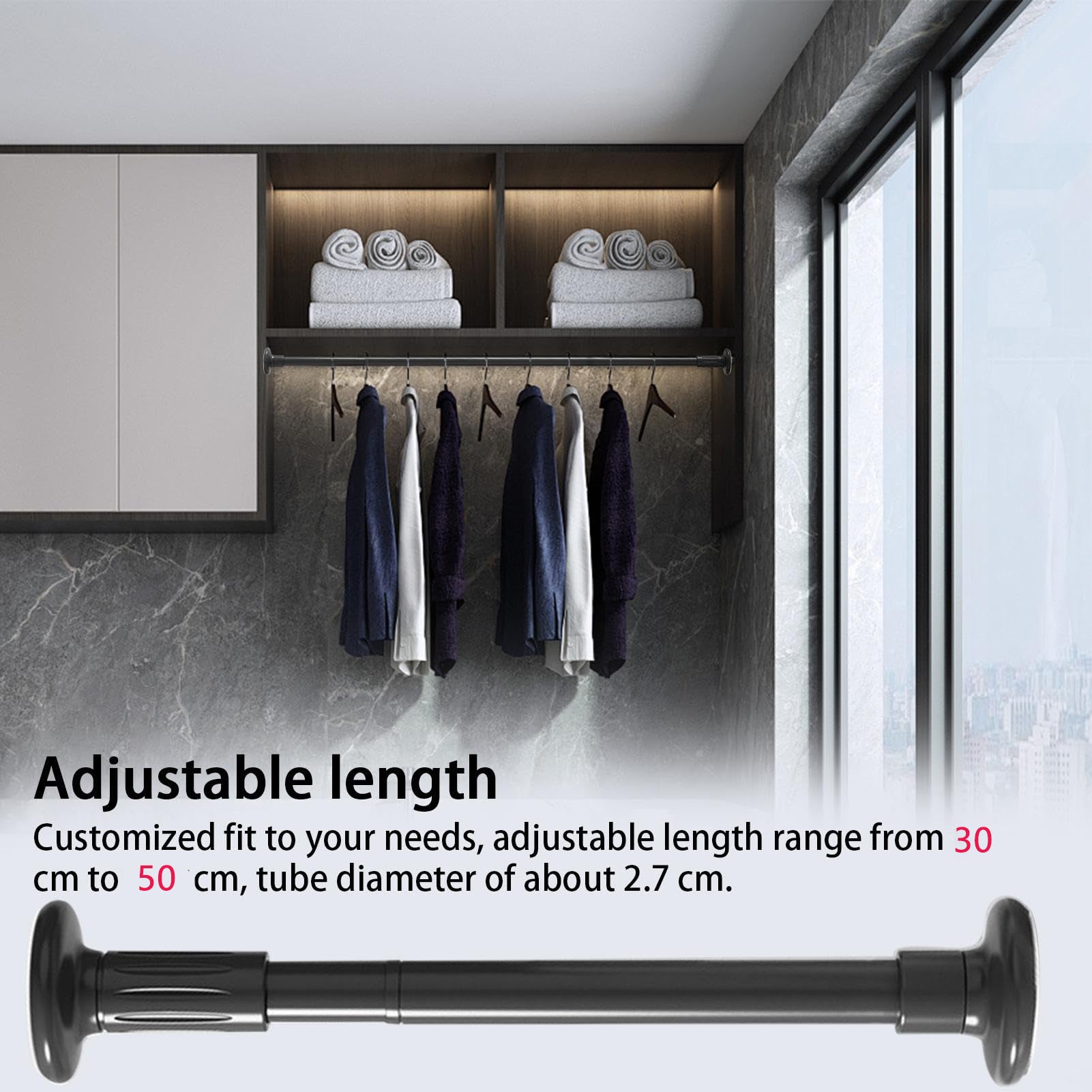 Tringle Rideau Extensible Sans Percage 73-145 Cm - Barre Douche Télescopique Noire