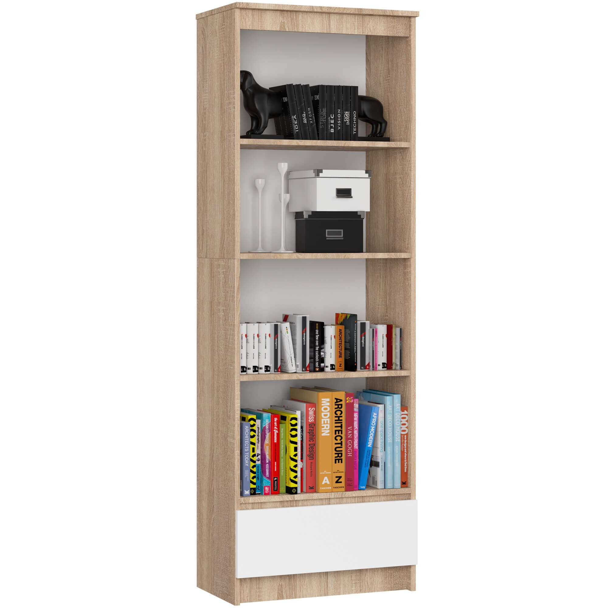 Regał AKORD R60 Dąb Sonoma 60 cm 1 szuflada kolor Biały mat 4 półki 60x35x180 cm