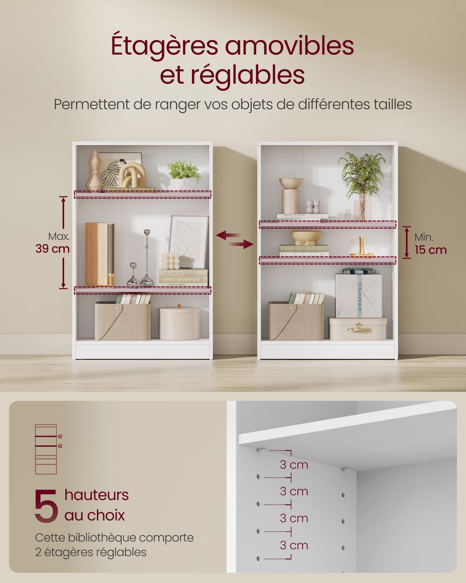 VASAGLE Bibliothèque, Étagère à 3 Niveaux, Meuble de Rangement, avec Étagères Réglables en Hauteur, 60 x 24 x 93 cm, Blanc - 3