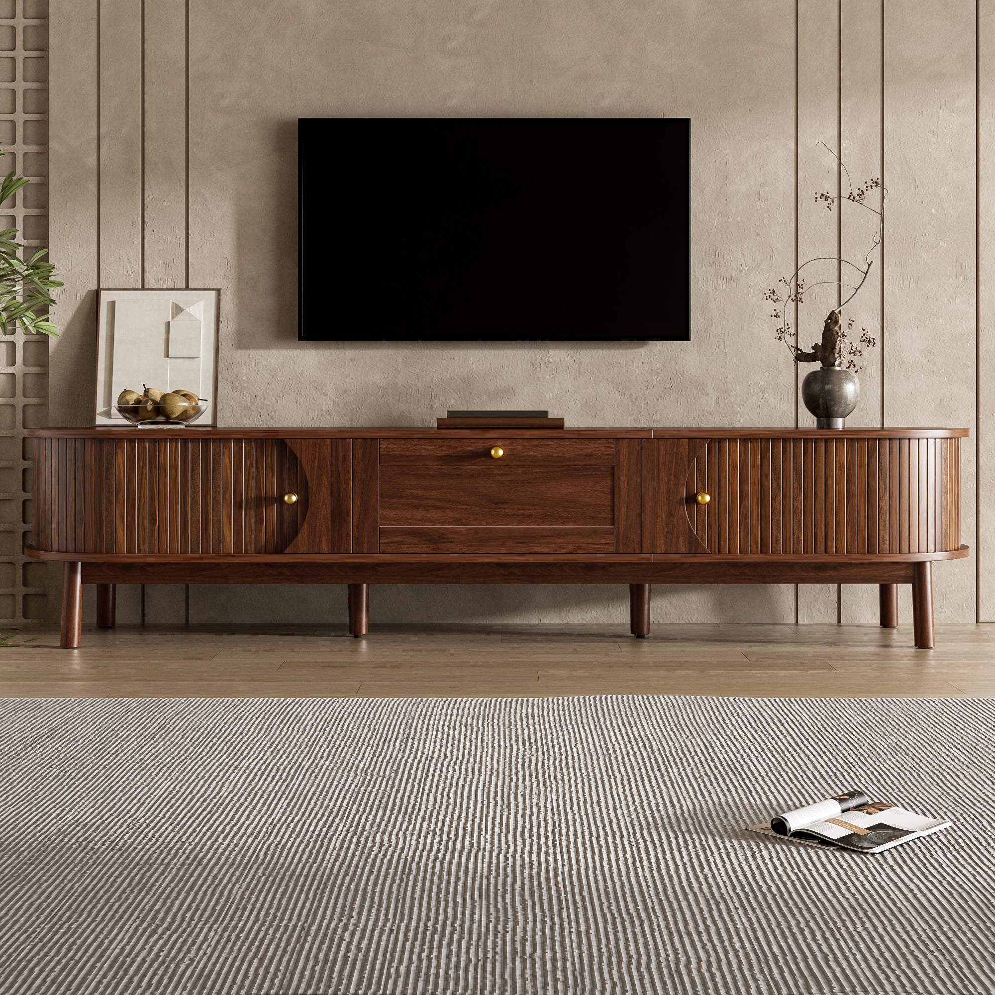 Nowoczesna szafka RTV z 2 drzwiami przesuwnymi i 1 szufladą - 170 x 39,5 x 38 cm - MDF i nogi drewniane - do salonu - orzech - 2