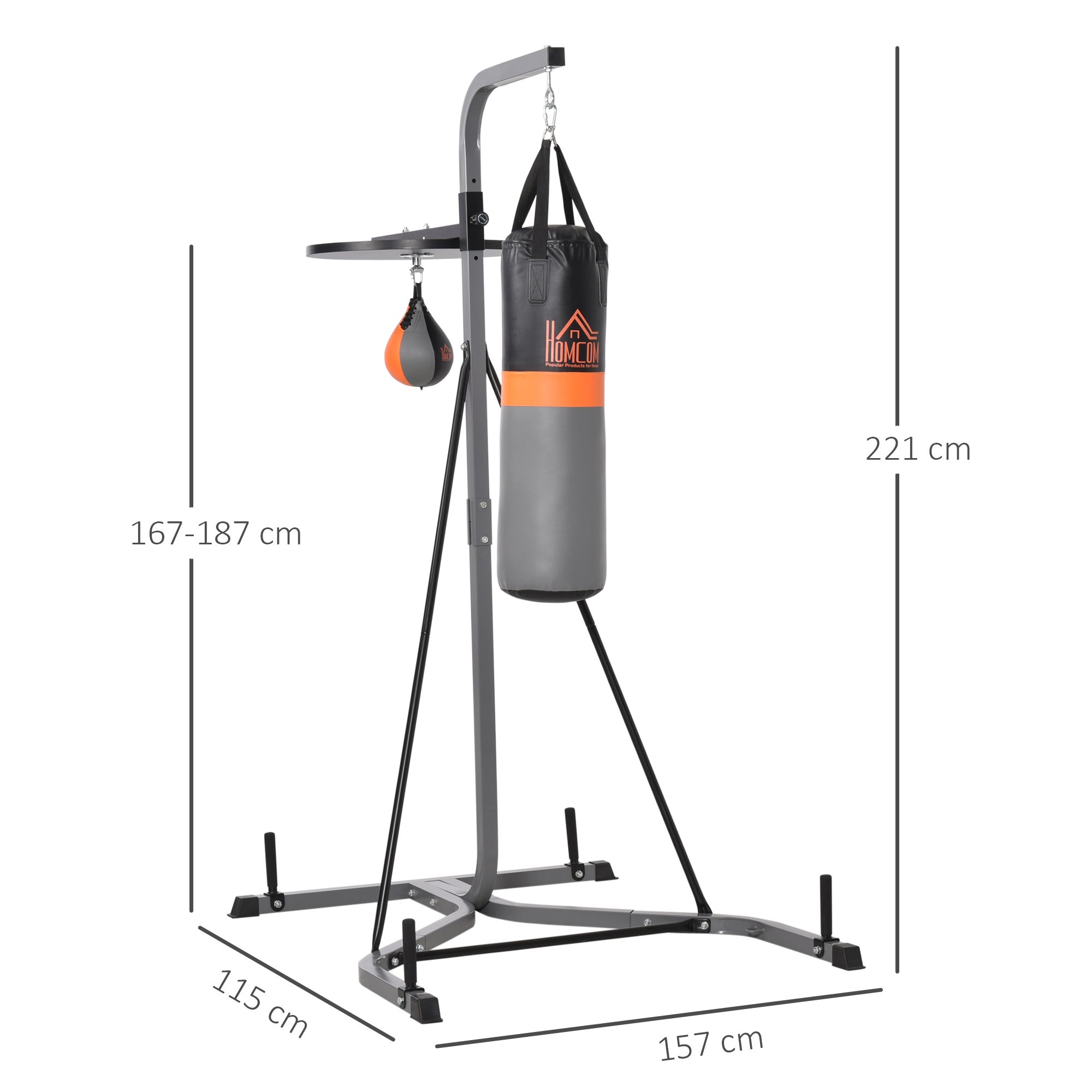 HOMCOM Saco de boxe com suporte ajustável em altura em 4 níveis 166,5cm - 181,5cm inclui Velocidade da bola 104x156x202cm - 3