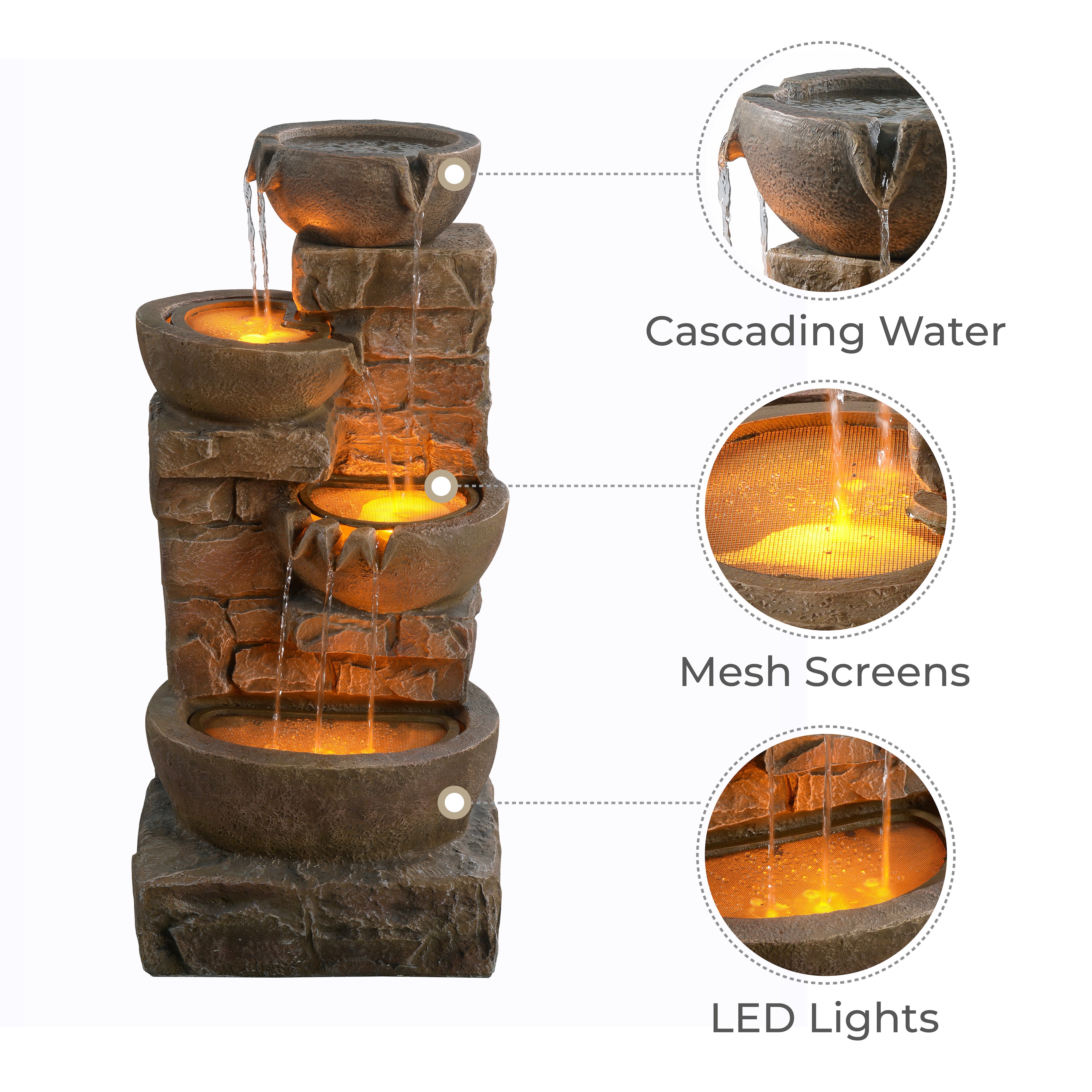 Fontaine de jardin pierre 84.5cm avec pompe LED, Marron TEAMSON HOME - 4