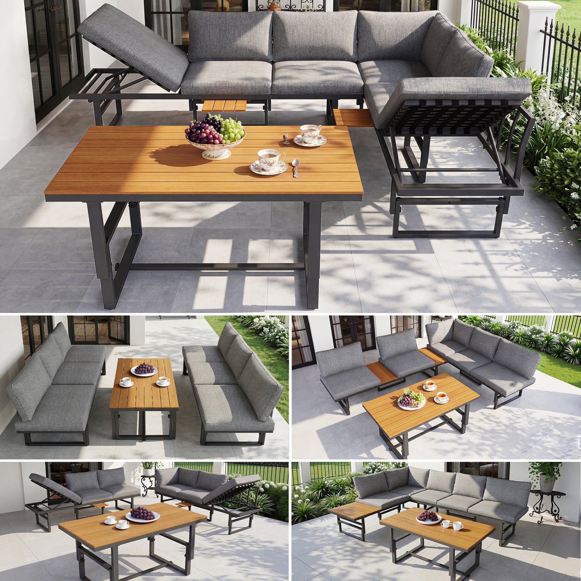 Mobiliario de jardín modular en hierro galvanizado: 2 sofás elevables de 3 plazas + 1 mesa de centro - Gris - 6