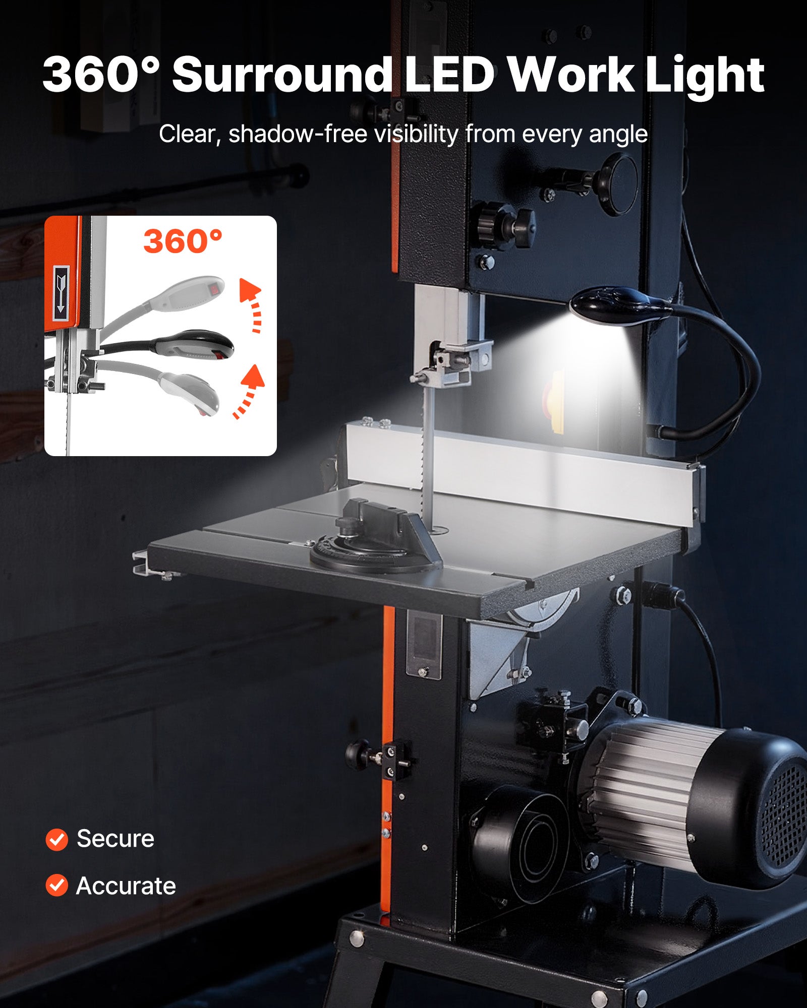 Scie à Ruban VEVOR Table avec Support 373&nbsp;W Largeur Coupe 254 mm Hauteur Coupe 160 mm Table Fonte 335x340 mm 2 Vitesses Éclairage de Travail 360° - 5