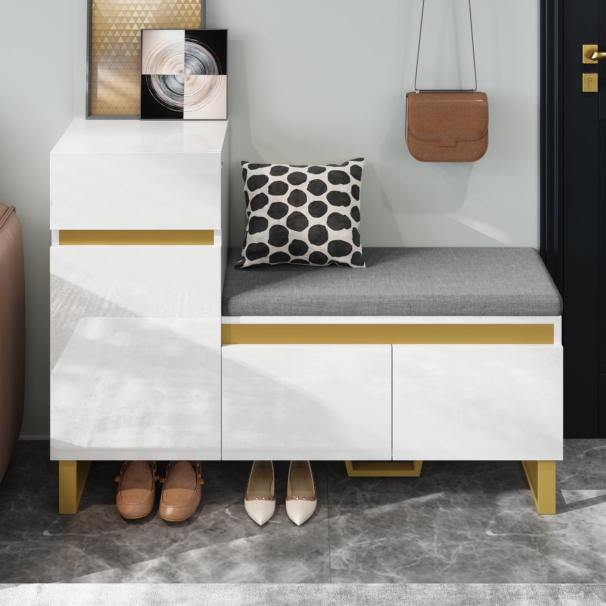 Szafka na buty z ławką, poduszką, 3 drzwiami i 1 szufladą - 120 x 35 x 85 cm - MDF - biała - 5