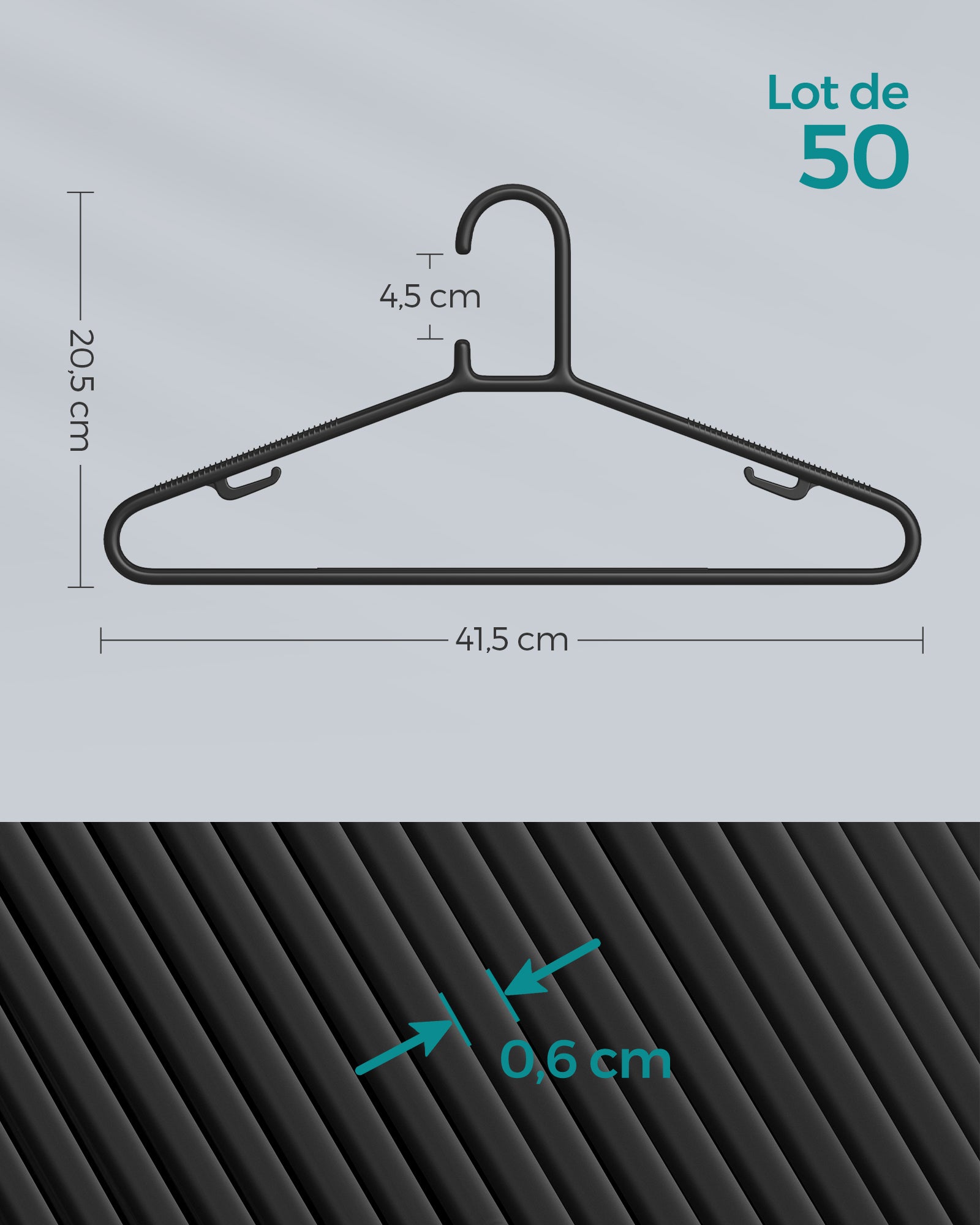 Cintres en Plastique, Lot de 50, Cintres Gain de Place, Légers, pour Pantalons, Manteaux, Robes, Noir - 4