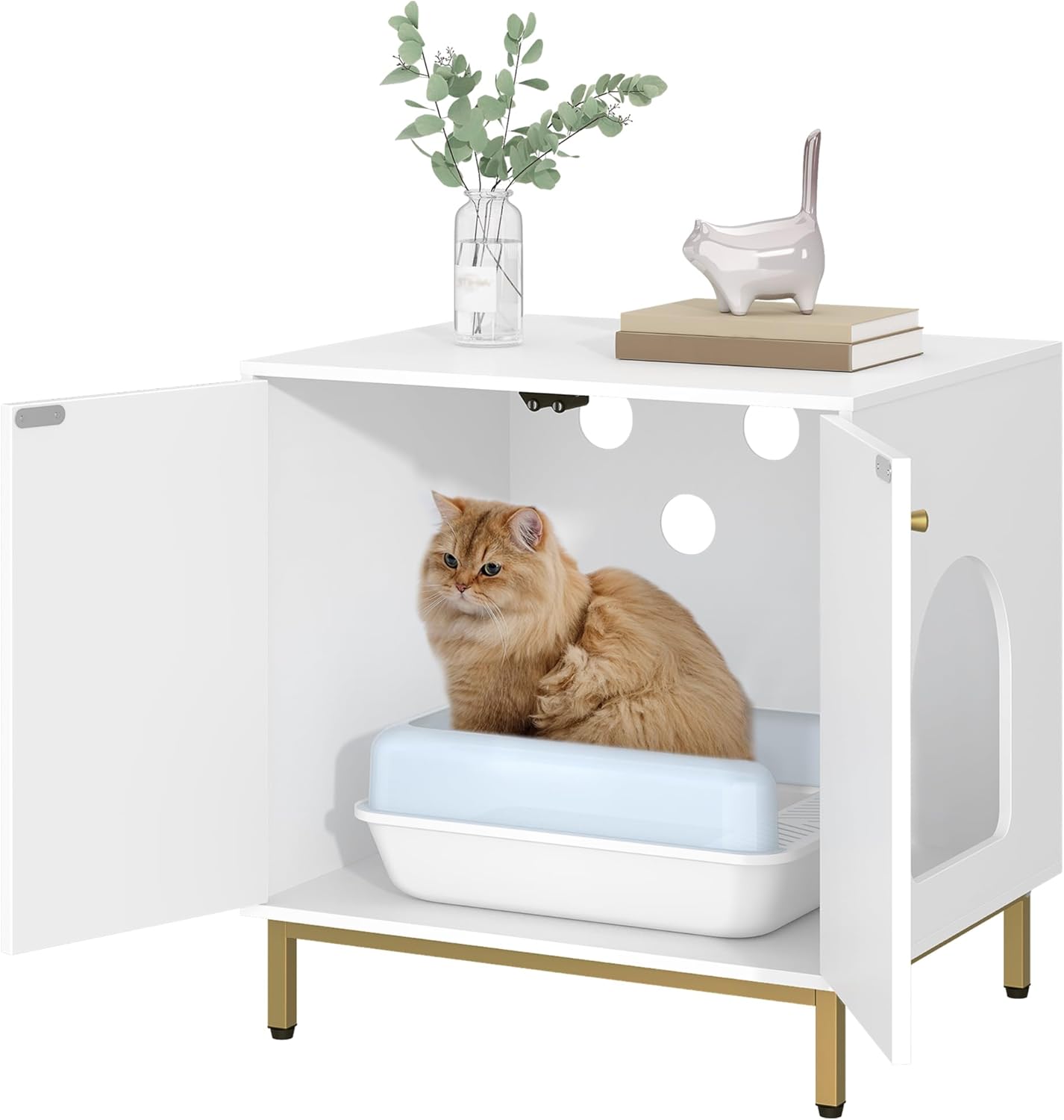 Armário Oculto para Caixa de Areia, Mesa de Apoio em Madeira para Animais de Estimação, Banco com Arrumação – Branco e Dourado - 2
