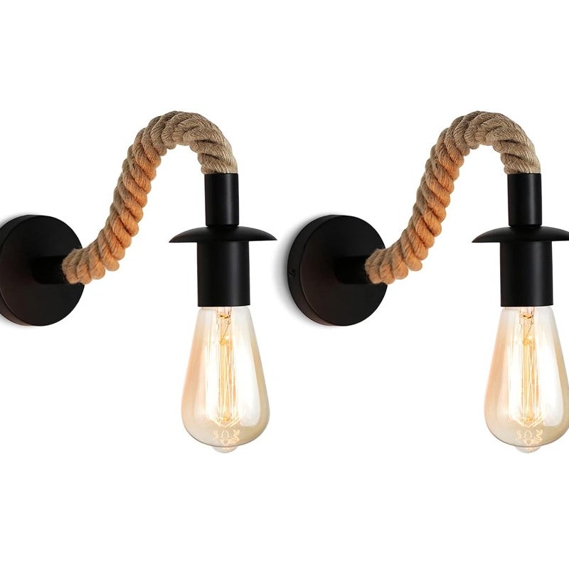 Kinkiet Vintage ze sznura konopnego, idealny kinkiet przemysłowy, oprawa E27, żarówka nie jest dołączona, 110/220V (czarny)
