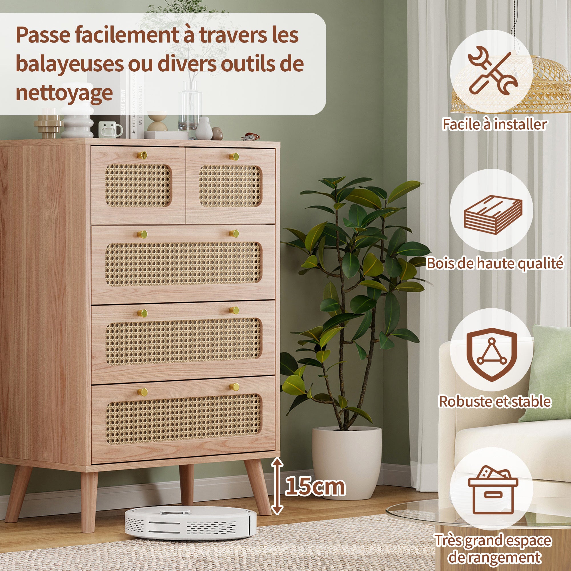 Commode en décor bois et cannage - 5 tiroirs poignées en métal - pieds hauts bois - conception anti - basculement - 60x91x34 cm - couleur bois naturel - 6
