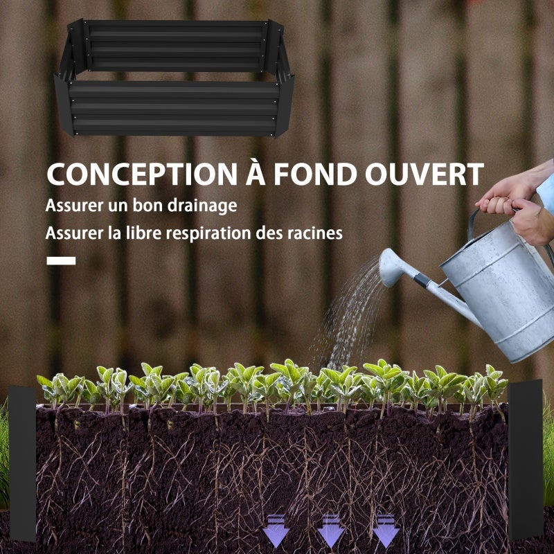 Lot de 2 carré potager de jardin dim. 100L x 50l x 30H cm - tôle d'acier ondulée noir - 5