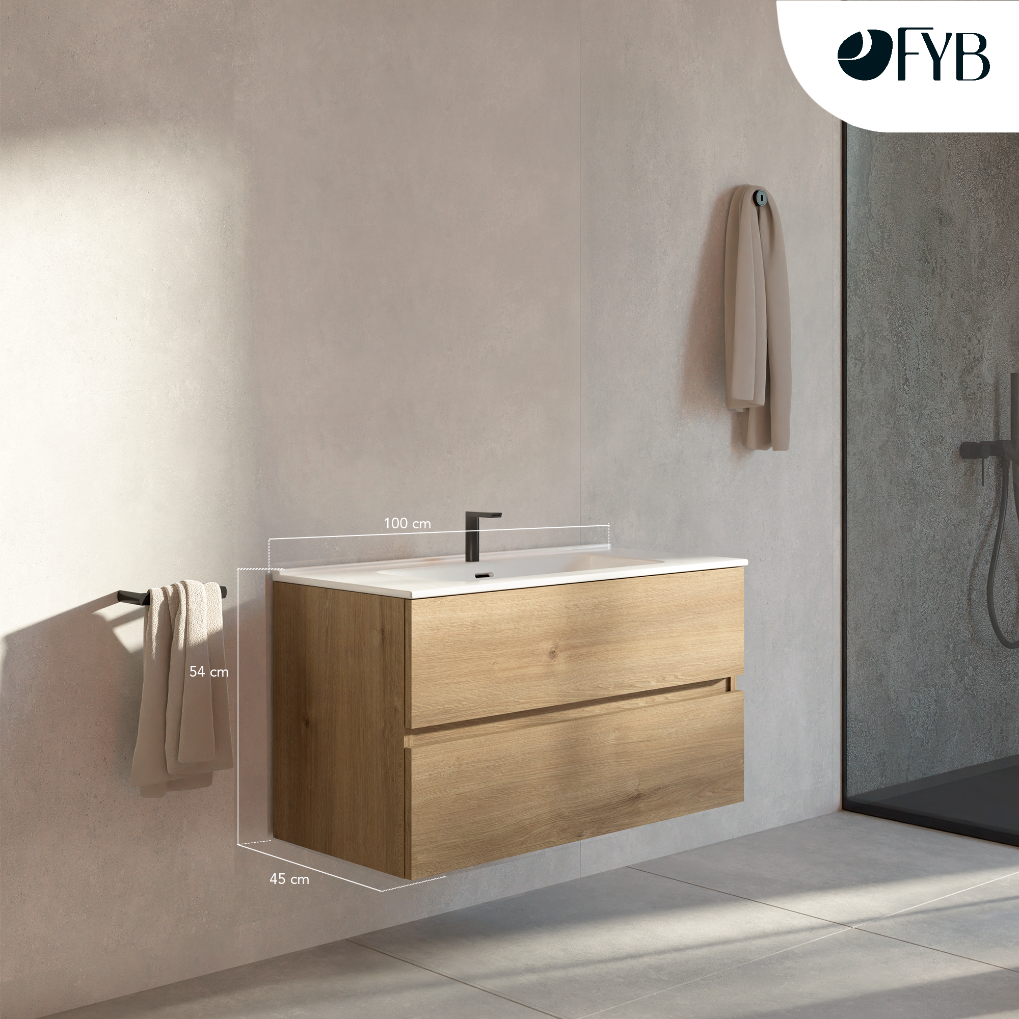 Feel Your Bath Meuble de Salle de Bain Lion Bois 100 cm avec Plan Céramique Blanc Brillant – Élégant, Compact, Installation Facile - 3