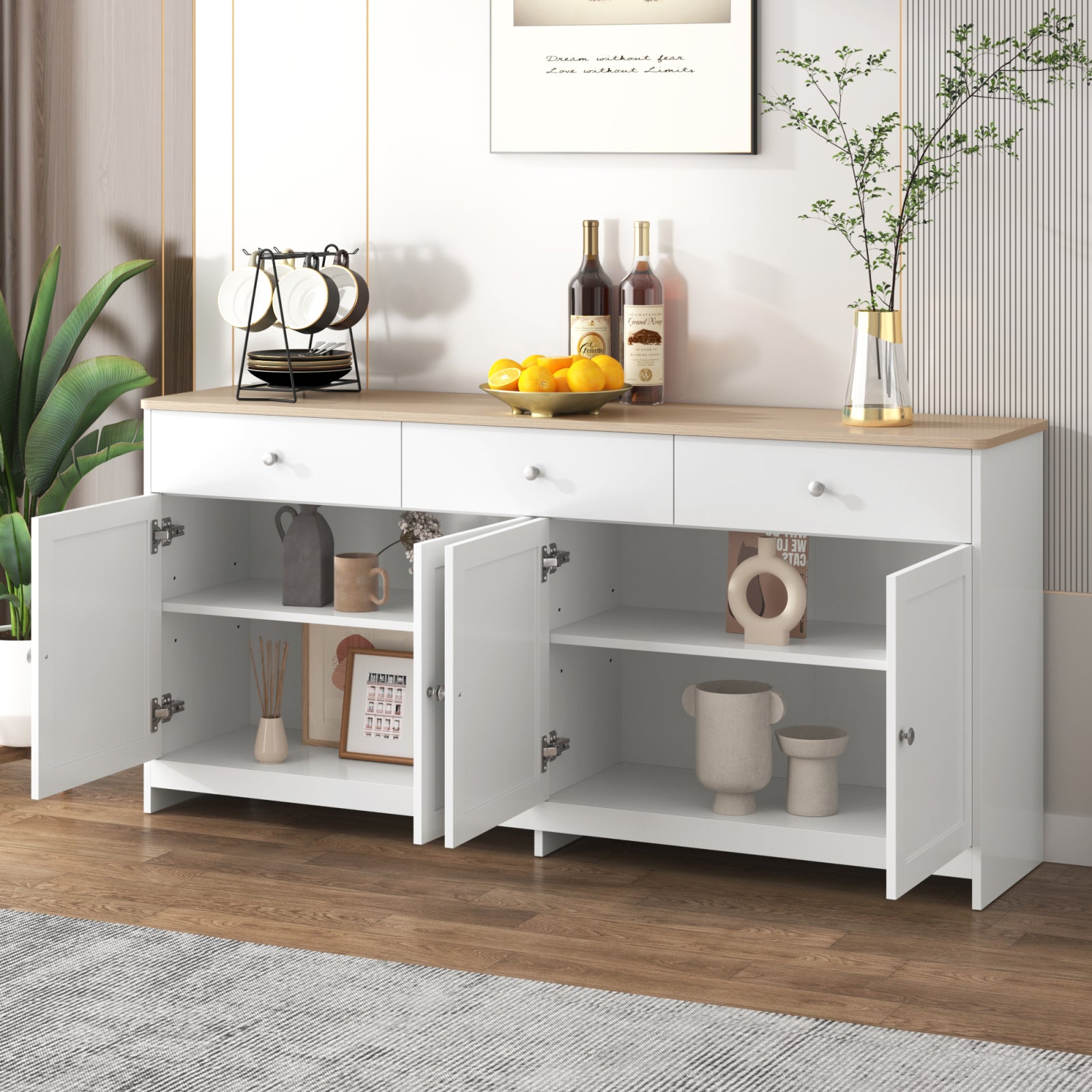 Buffet à 4 portes et 2 tiroirs - comptoir à finition blanche et grain de bois - poignées métal portes à charnières - L160 x P37 x H75 cm - Scandinave - 4