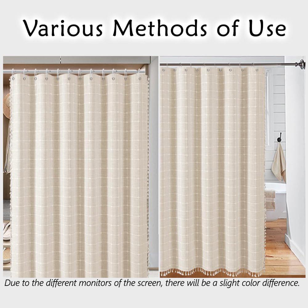 Rideau de Douche Bohème à Carreaux 90x180 cm – Lin et Polyester, Pompons Décoratifs, 12 Crochets Offerts - 3