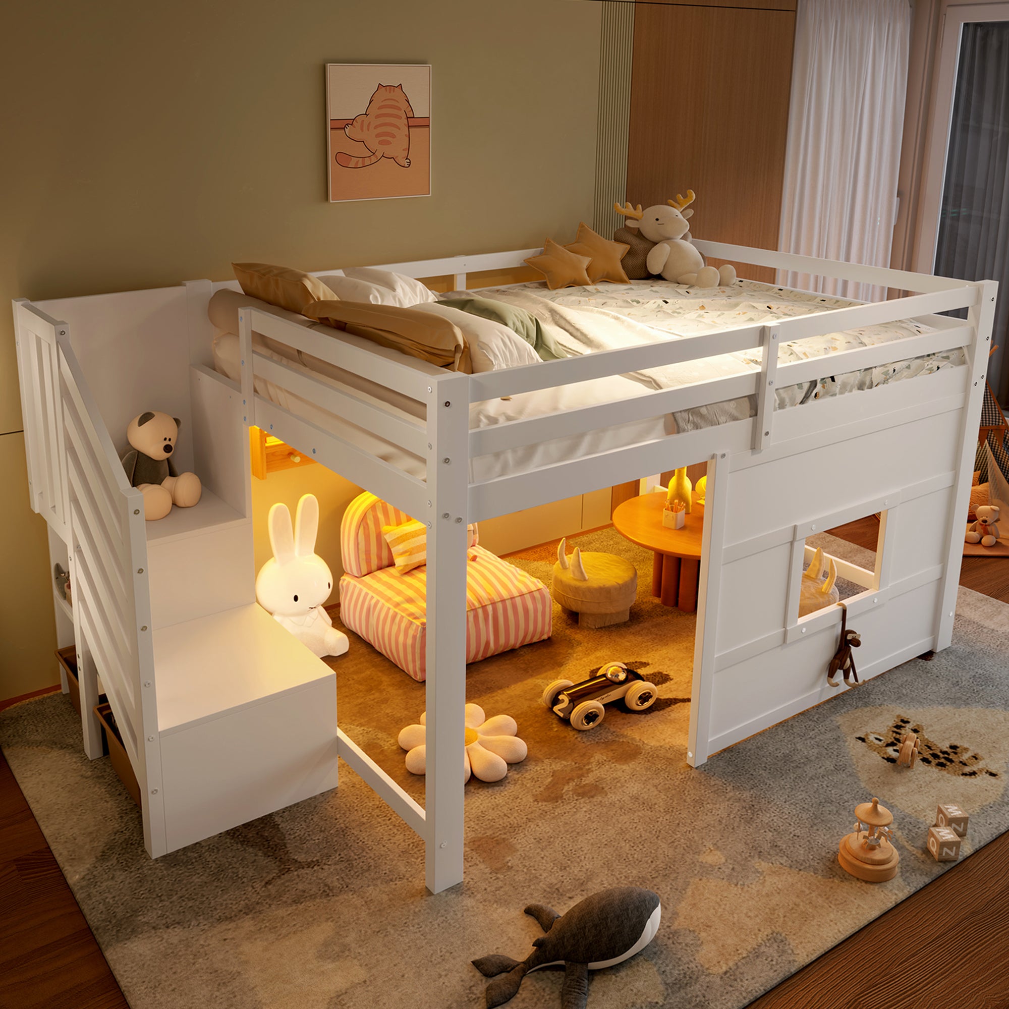 Letto a castello per adulti 140x200 cm con scrivania e cassetti - luci LED e presa + USB - Letto per adolescenti Struttura in metallo - Bianco | Leroy Merlin