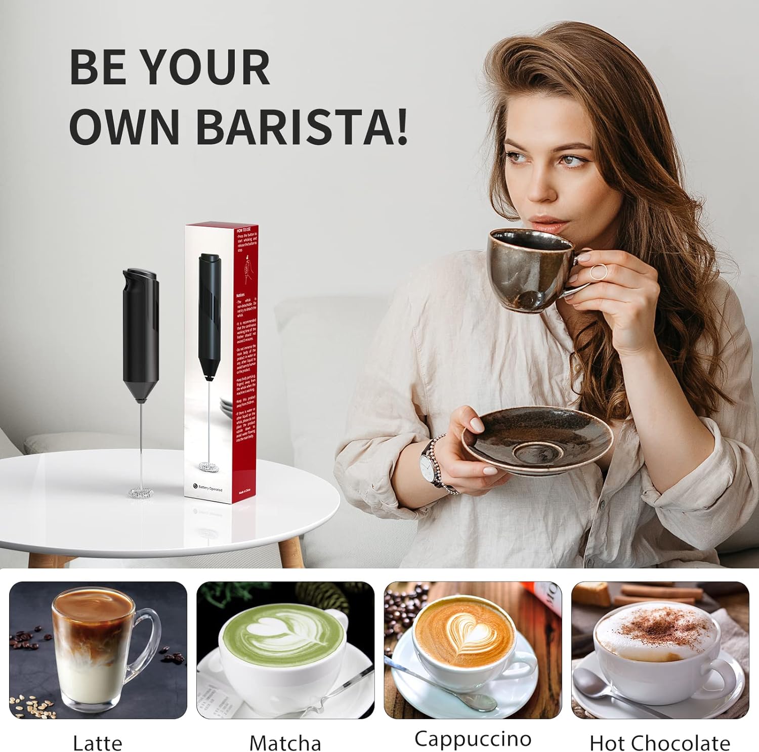 Mousseur à Lait électrique Portable - Pour Latte, Cappuccino, Chocolat - Fonctionne Sur Piles - Design Compact - 13