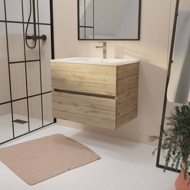 Meuble de salle de bains suspendu 70 cm TIMBER - Décor Chêne Naturel 2 tiroirs avec Vasque blanche