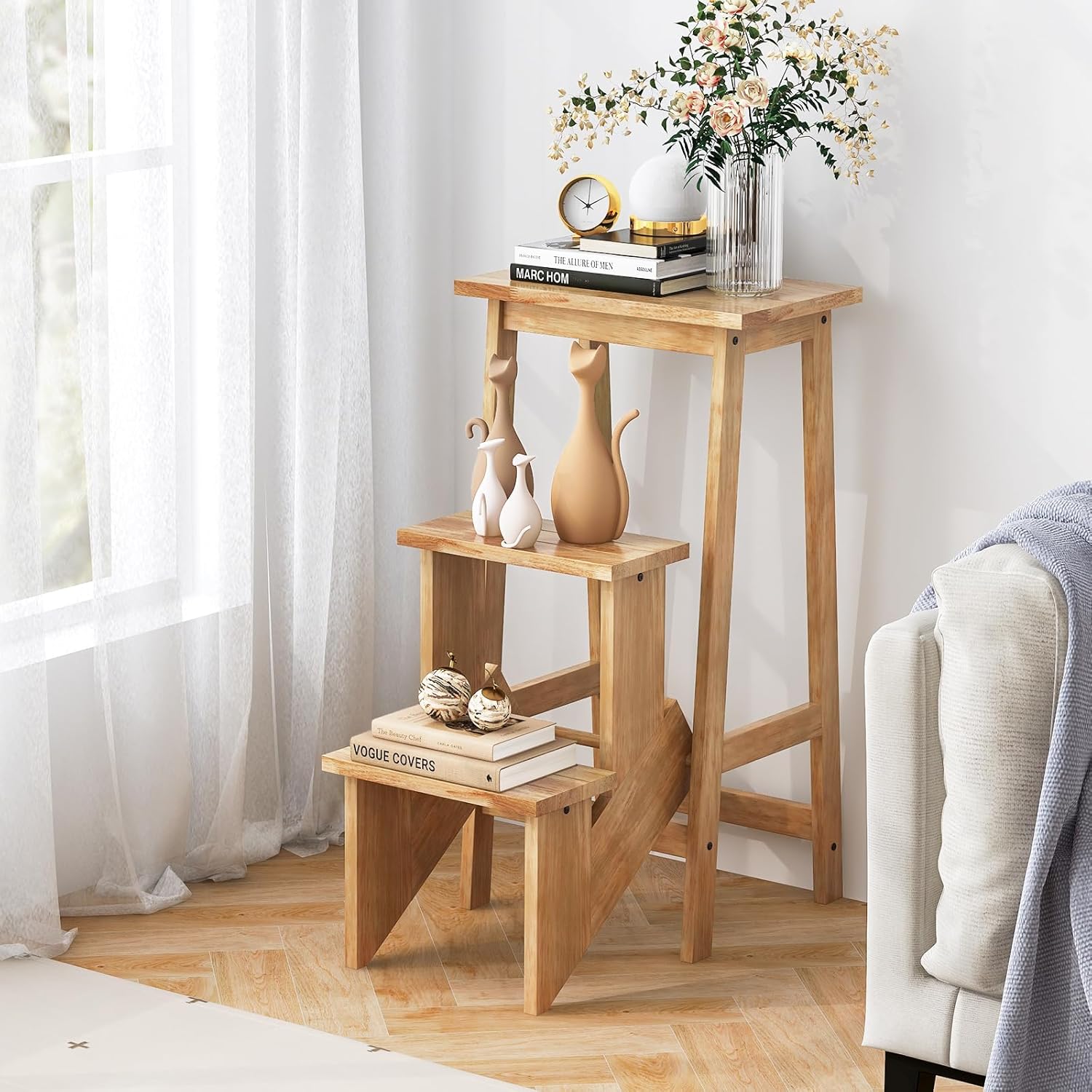 Tabouret Escabeau En Bois D'Hévéa Pliant Marchepied 3 Marches Escabeau Multifonctionnel Avec Marches Réversibles Charge Totale De 310 Kg Blanc