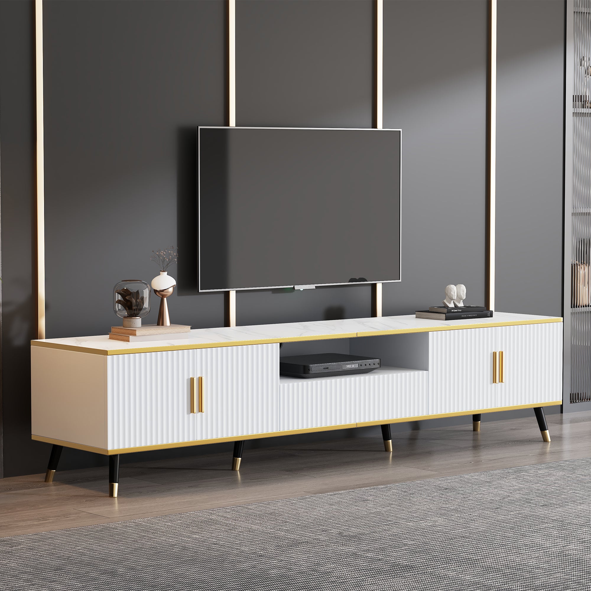Szafka RTV z 4 drzwiami i 1 szufladą na telewizor 90 cali - 200 x 40 x 46 cm - Płyta wiórowa - Biała