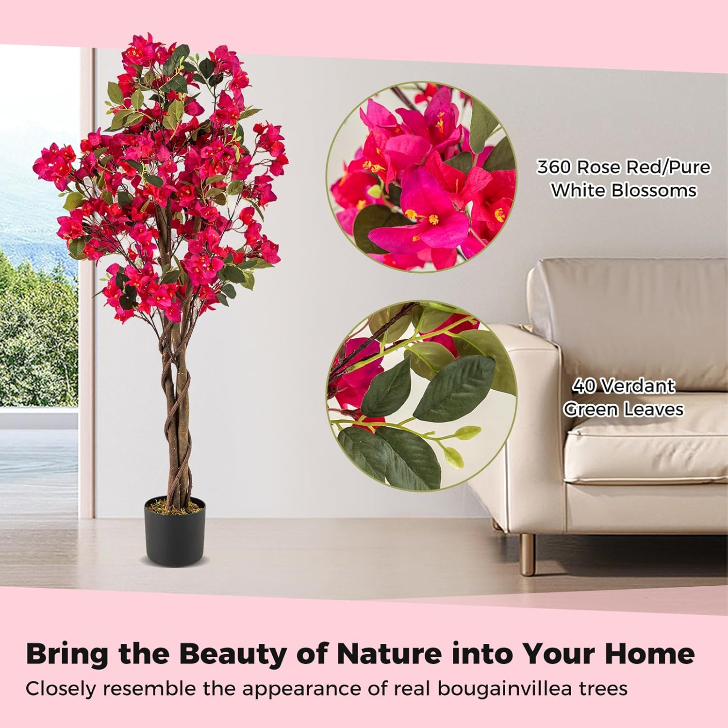 Bougainvillea artificiel de 120 cm de haut - Bougainvillier faux en pot avec fleurs ouvertes et branches réalistes - Plante décorative (rose) - 4