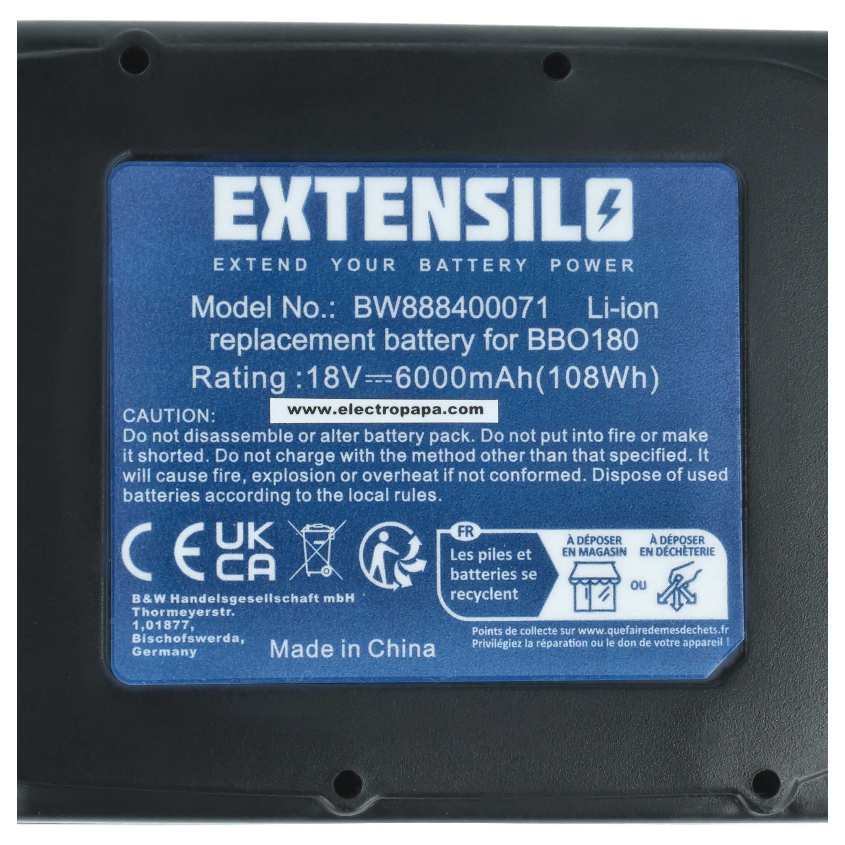 EXTENSILO Batterie compatible avec Makita DLM382Z, DLM382, DLC182Z, DLM431, DLM431PT2, DLM380Z, DLM431Z outil électrique (6000 mAh, Li-ion, 18 V) - 4
