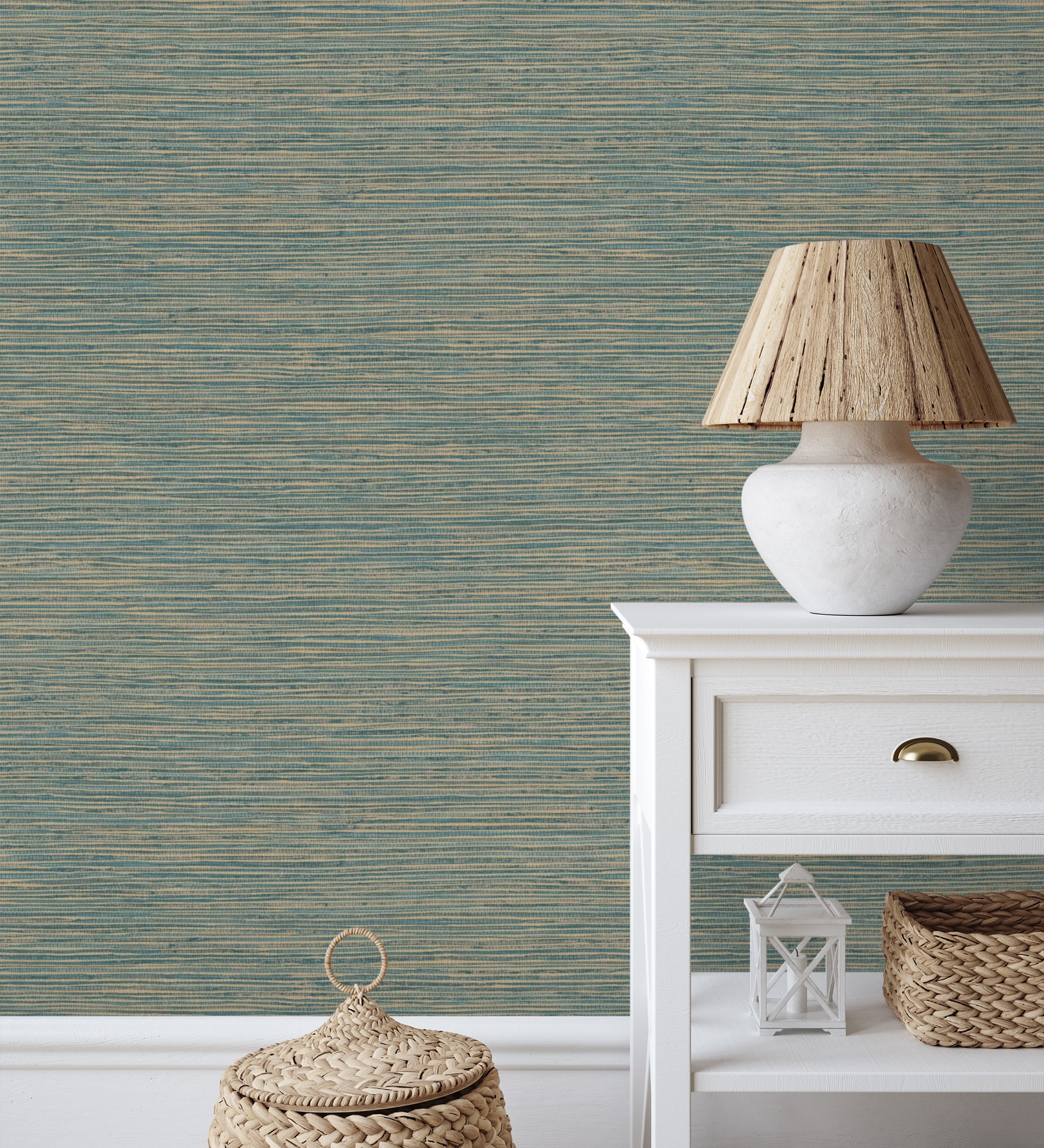 Papel pintado vinílico ecológico con textura de fibras de cáñamo fondo turquesa - sisay texture 681834 de gaulan - rollo de 10 m x 0,52 m