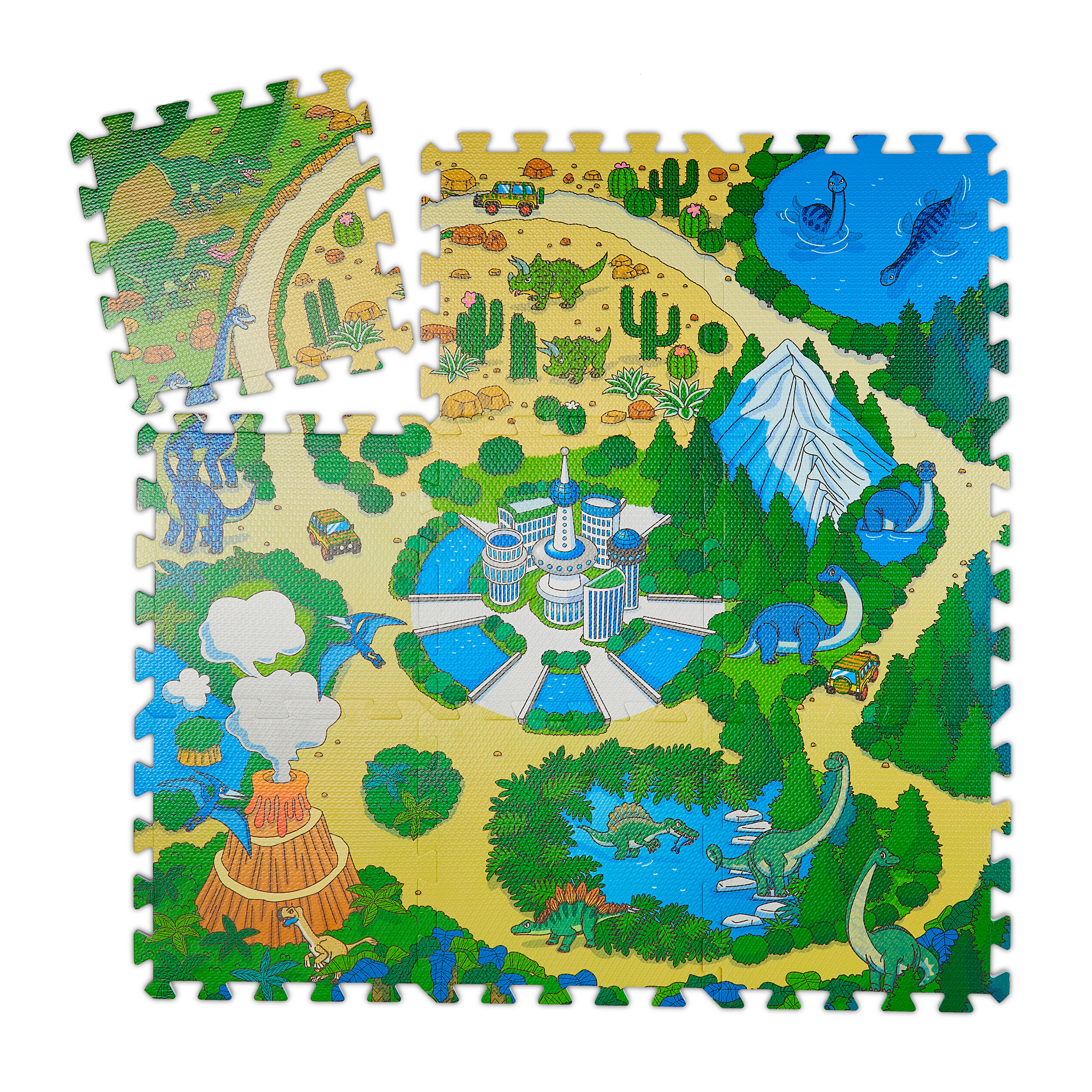 Relaxdays alfombra puzzle dinosaurios, suelo juego 9 piezas, niños y bebés, goma eva, sin tóxicos, 90x90 cm, multicolor