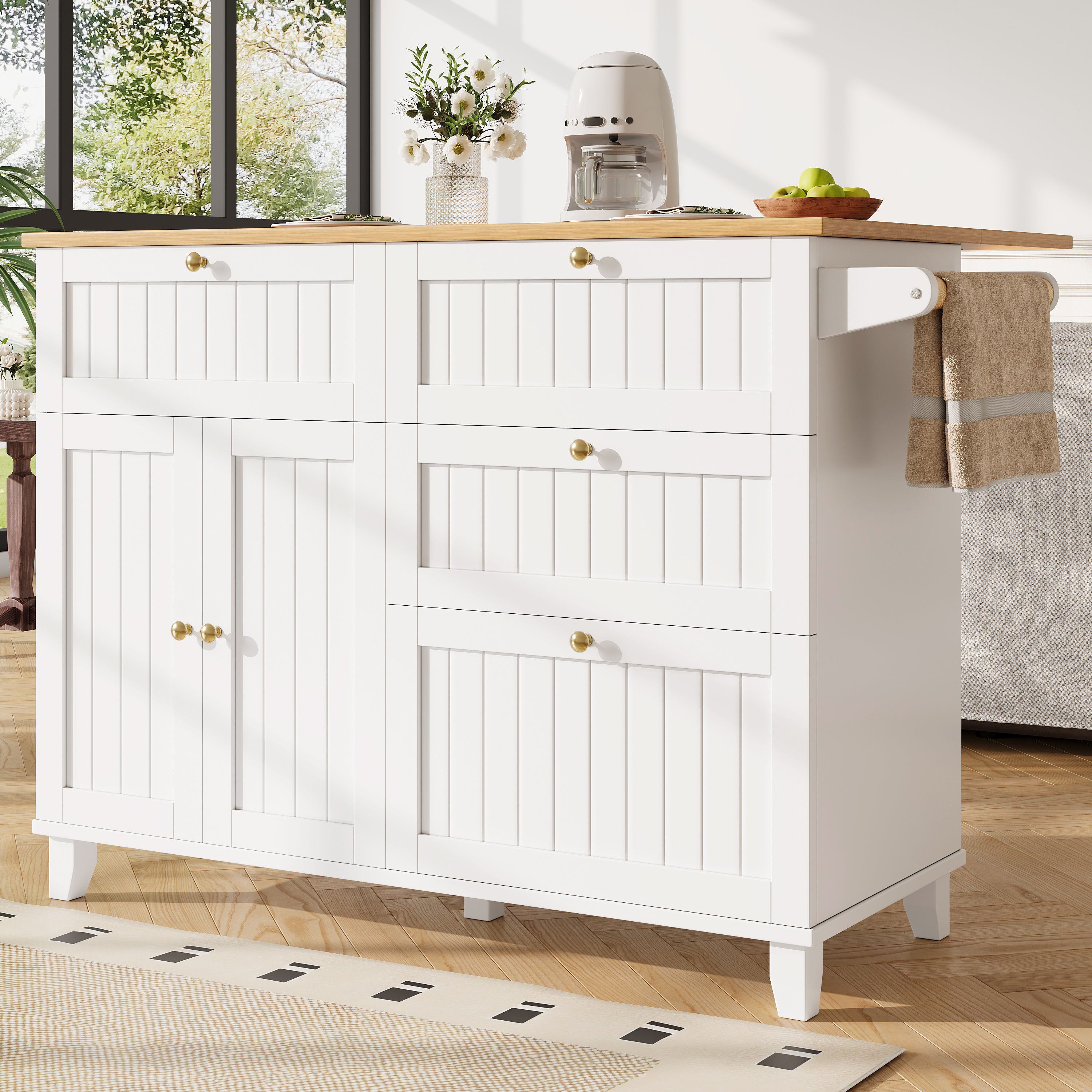 Îlot de cuisine, meuble de cuisine, meuble de salle à manger, chariot de salle à manger en grain de bois, table à manger multifonctionnelle, blanc - 6