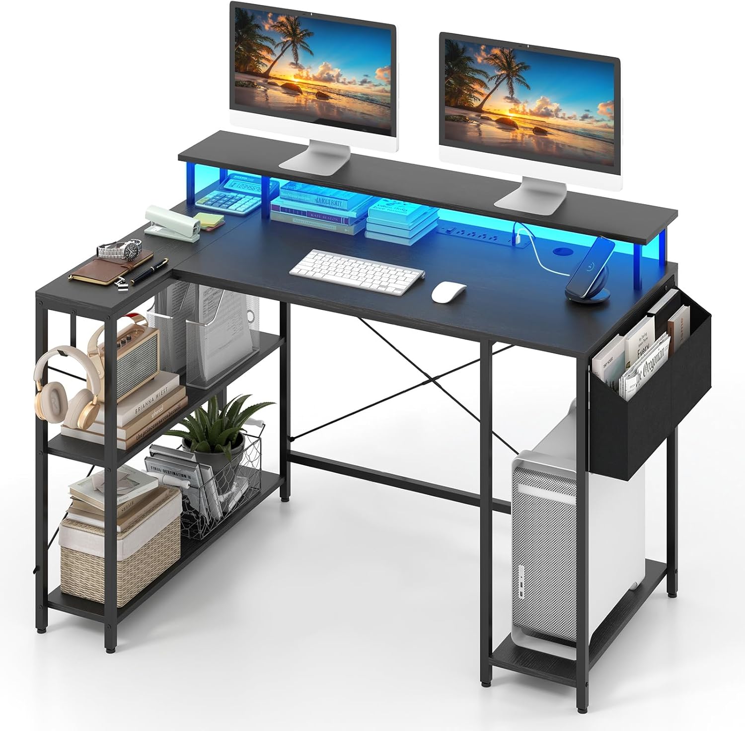 Biurko w kształcie litery L z gniazdami wtykowymi i oświetleniem LED, narożne biurko 120 cm ze stojakiem na monitor, stolik pod komputer