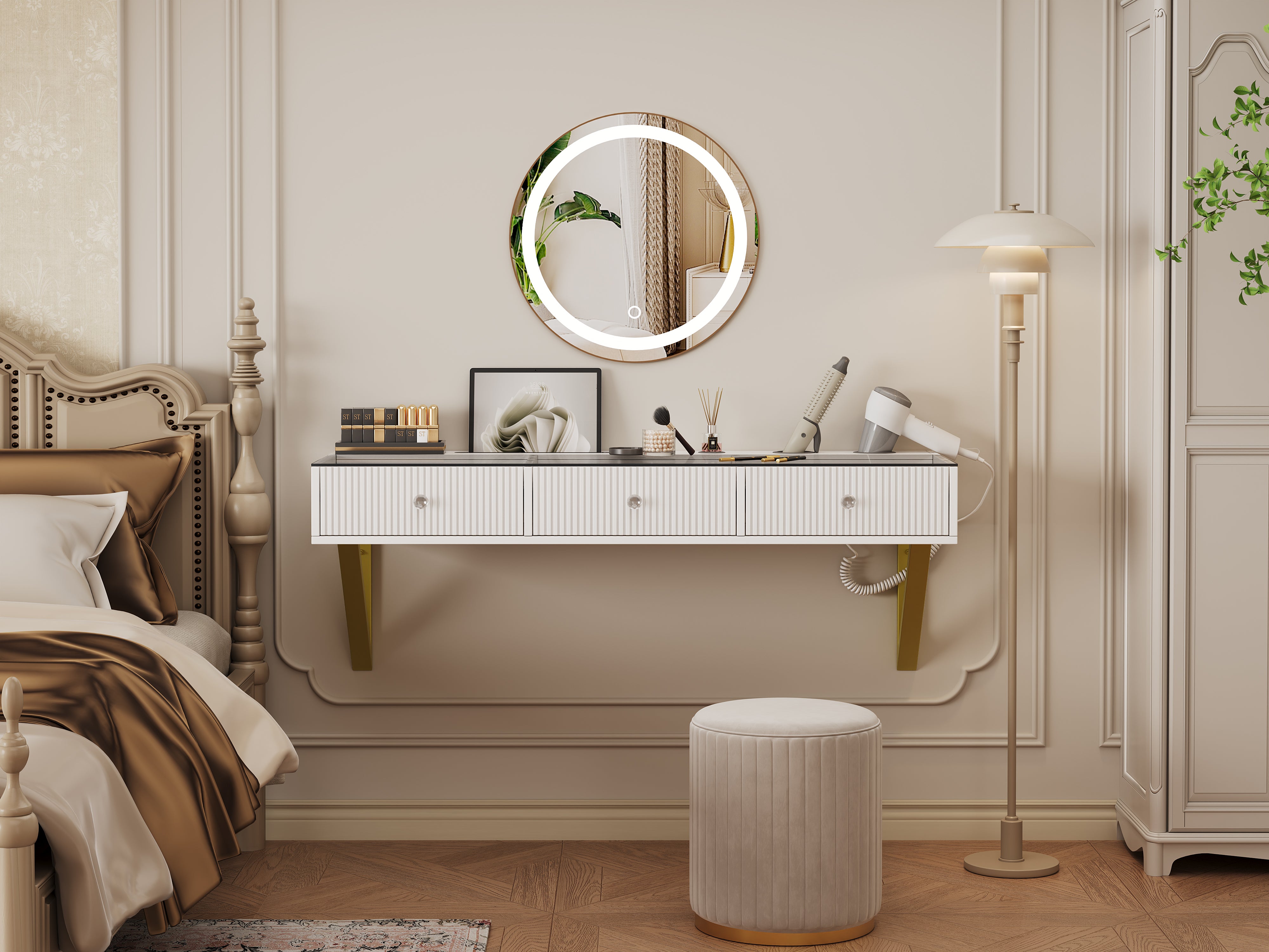 Coiffeuse murale avec 3 tiroirs - MDF + panneau de particules + plateau en verre - 120 x 40 x 45 cm - Blanc (sans tabouret et miroir) - 9