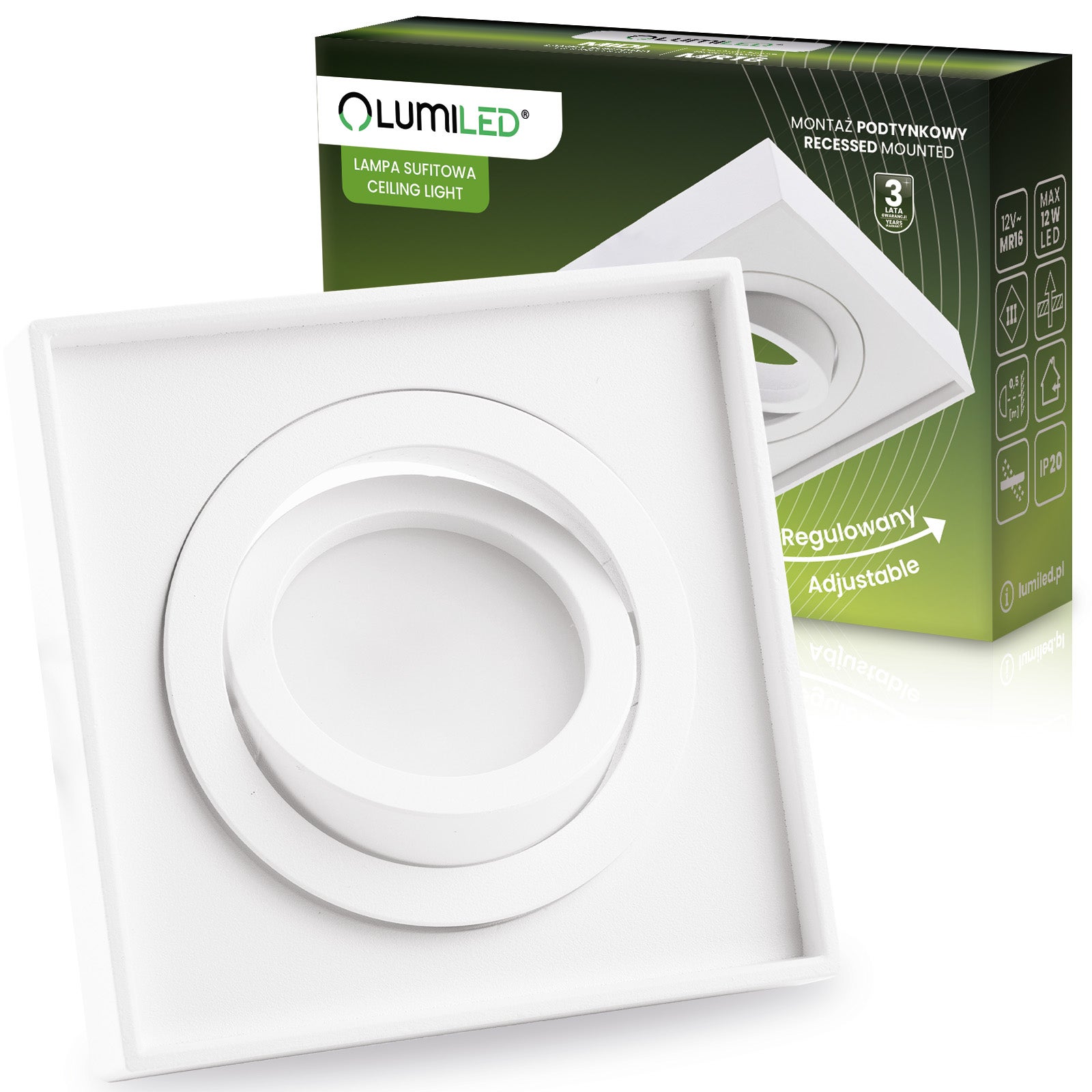 Oprawa Podtynkowa Oczko Lumiled Halogenowa Tuba Spot Ruchoma Midi GU10 Kwadratowa Biała 20mm