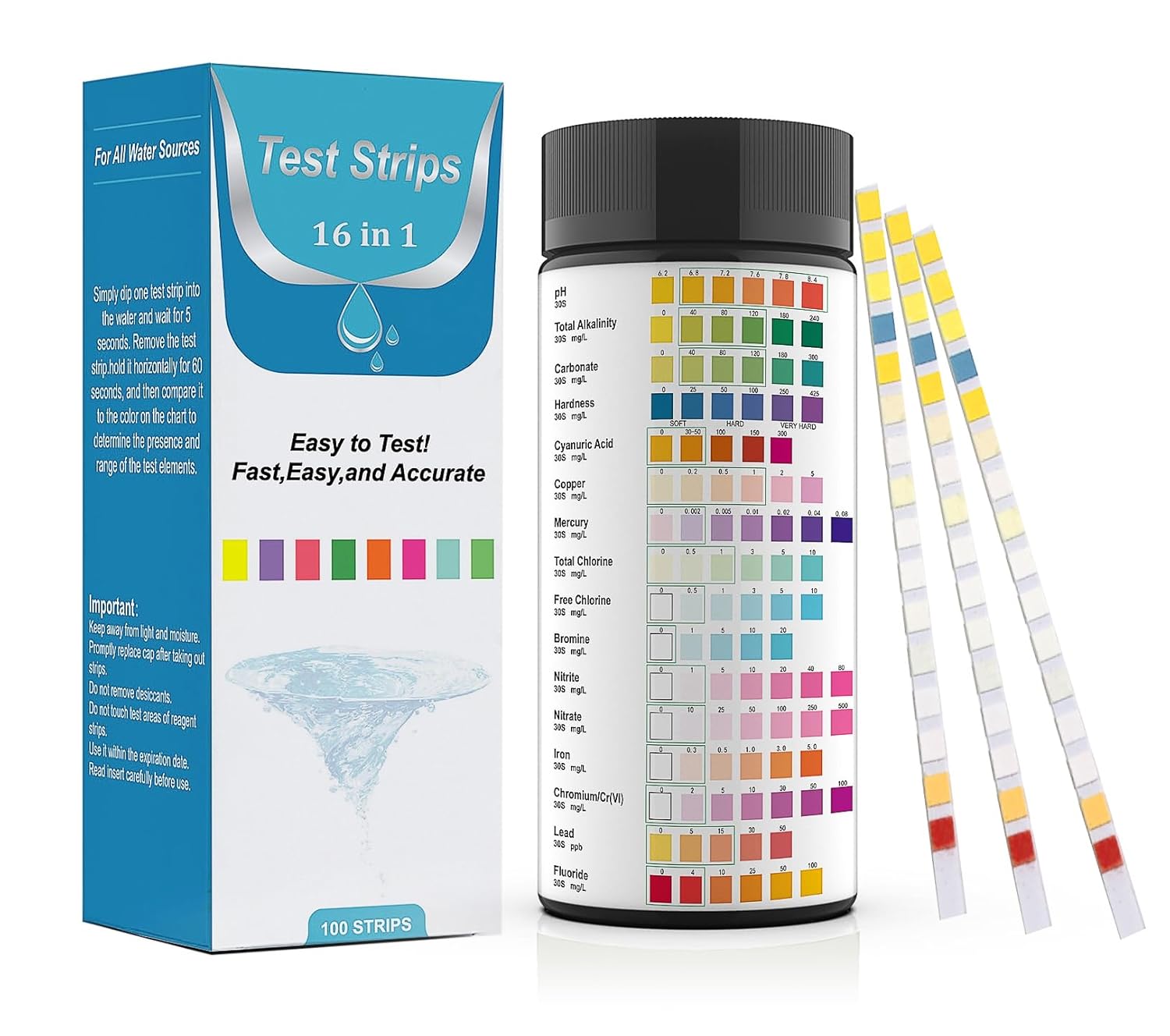 Paski testowe do wody 16-w-1 (100 sztuk) – pH, chlor, azotany, metale ciężkie – basen, kran, akwarium