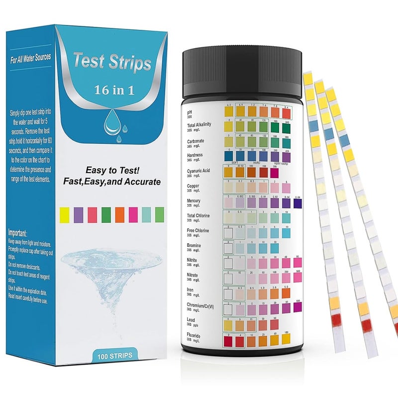 Paski testowe do wody 16-w-1 (100 sztuk) – pH, chlor, azotany, metale ciężkie – basen, kran, akwarium