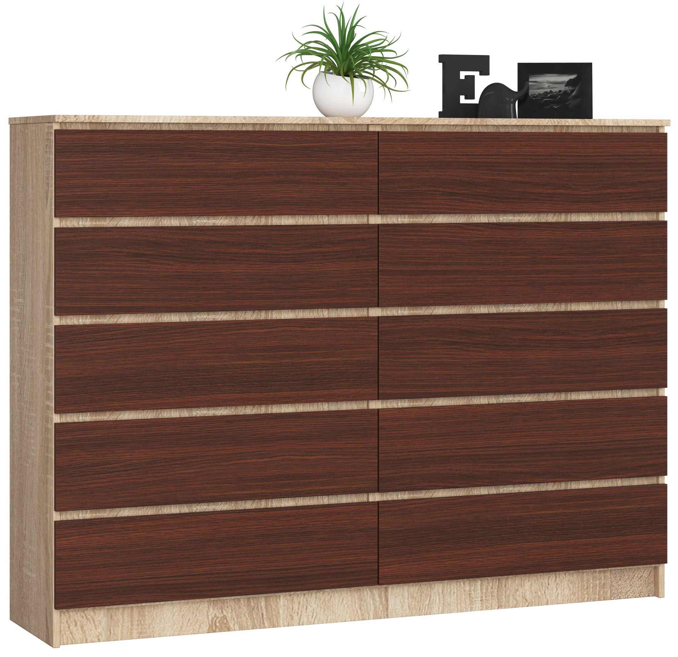 Komoda: 10 szuflad, dąb sonoma/wenge, 160 x 121 x 40 cm