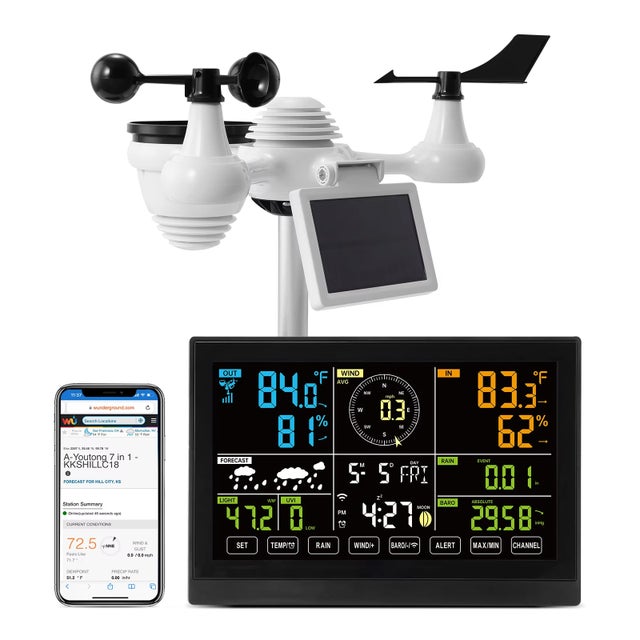 Station météo Wi-Fi 7 en 1 avec écran couleur et capteur solaire sans fil&nbsp;; alertes de température et d'humidité;idéale pour les terrasses- QWINERN