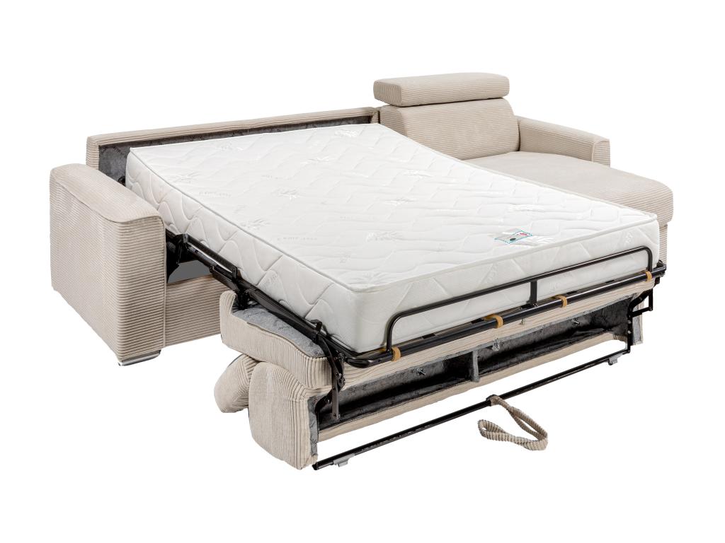 Kanapa narożna dwustronna rozkładana typu express z beżowego sztruksu - Miejsce do spania z szerokimi listewkami 140 cm - Materac 22 cm - VIZIR