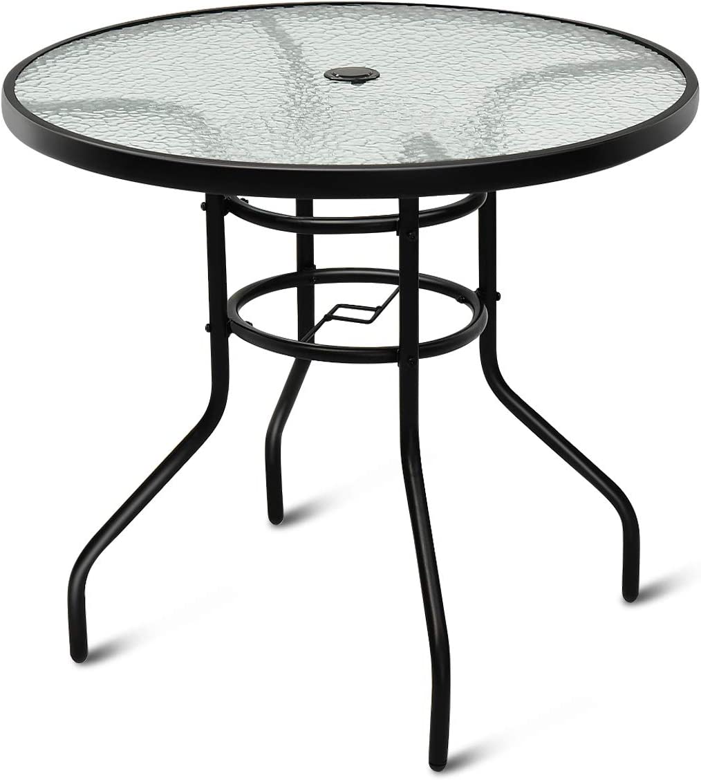 Masă rotundă de grădină din sticlă securizată, cu blat de ø 80 cm și orificiu pentru umbrelă, înălțime 70 cm, negru