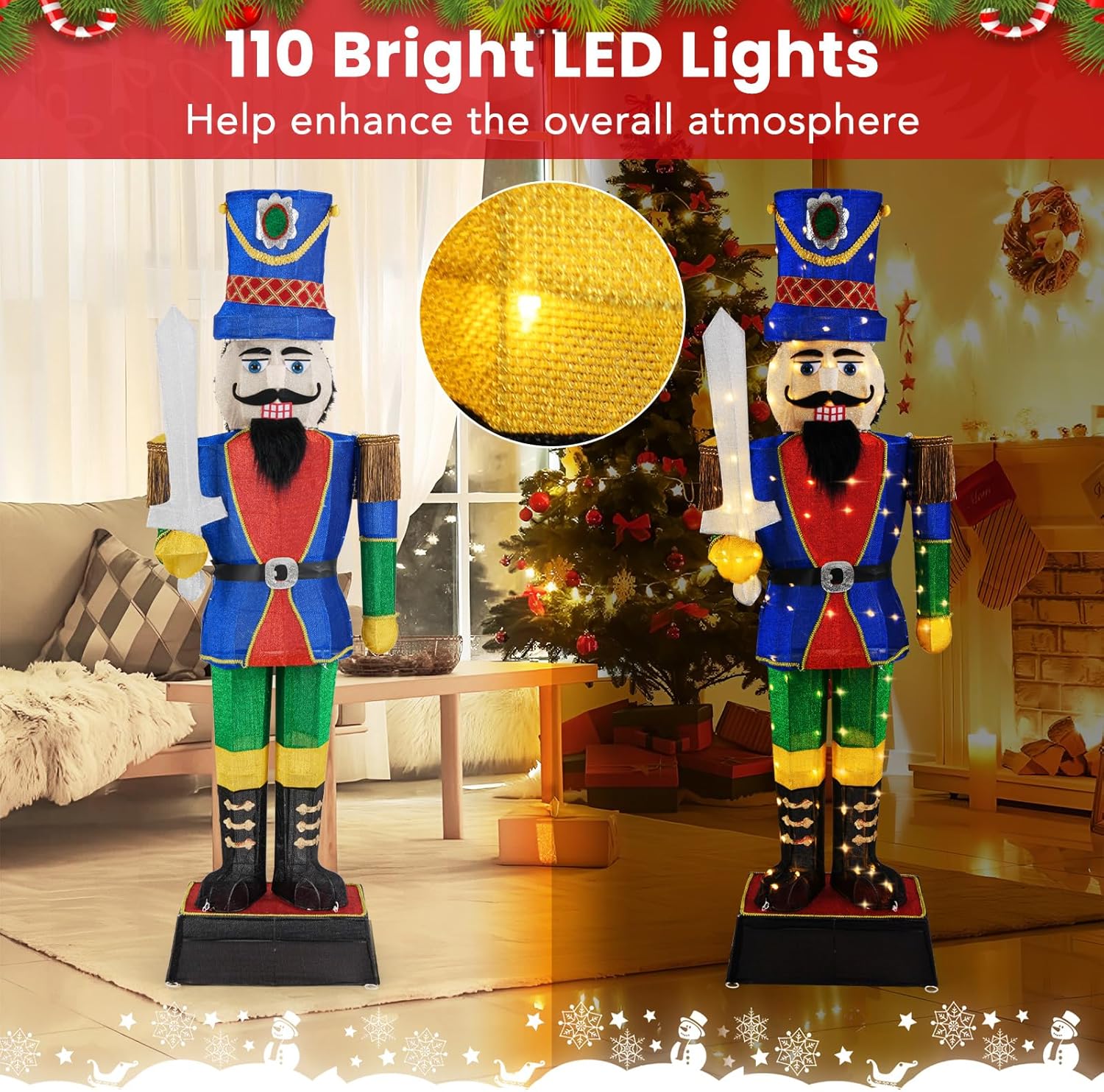 184 CM Soldado Cascanueces Grande de Navidad, Soldado Decorativo Iluminado con Espada, 110 Luces LED, Sujetacables y Estacas, Decoración Navideña Exte - 3
