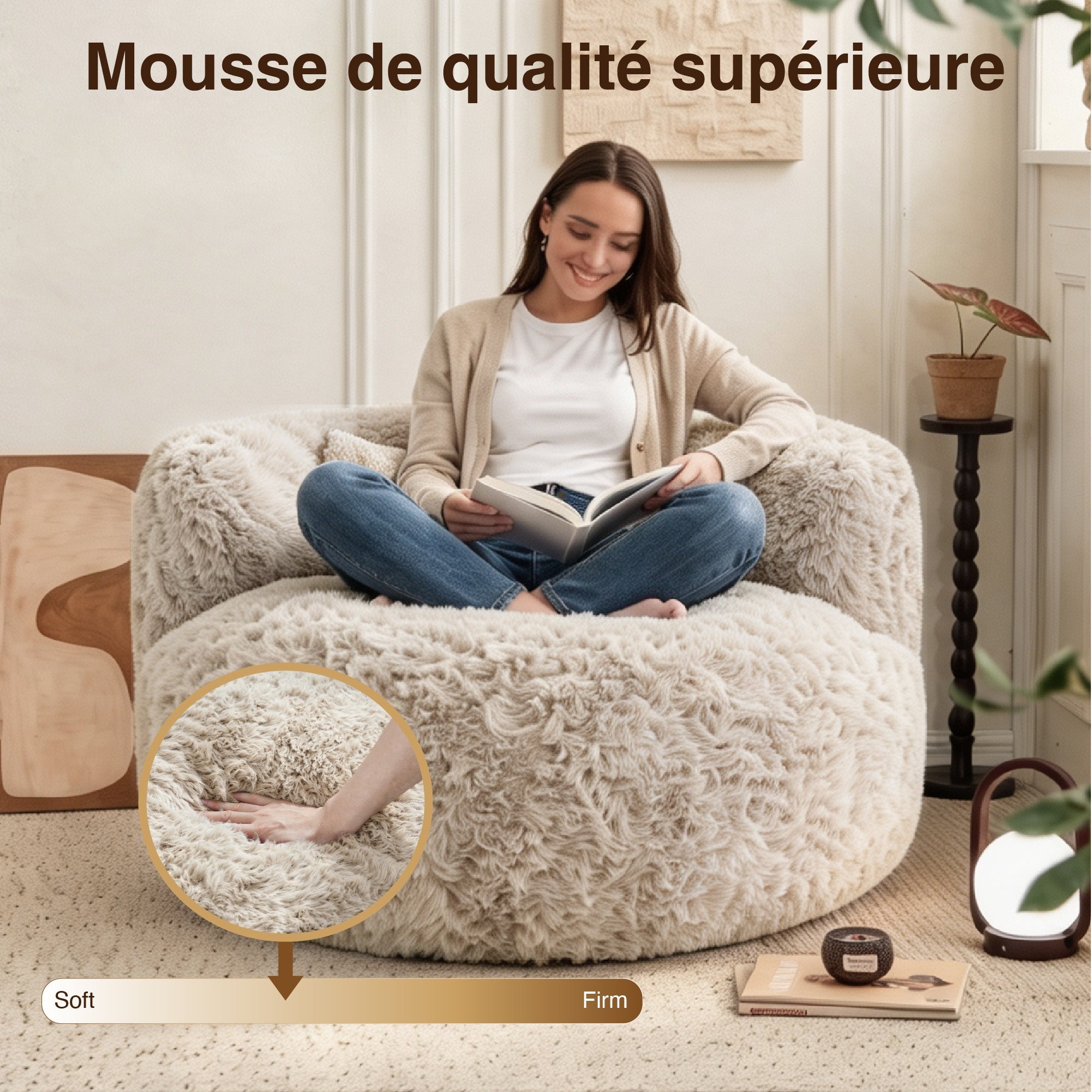 Fauteuil pouf 1 place, pouf compressé, Avec oreiller, mousse haute densité, kaki - 7