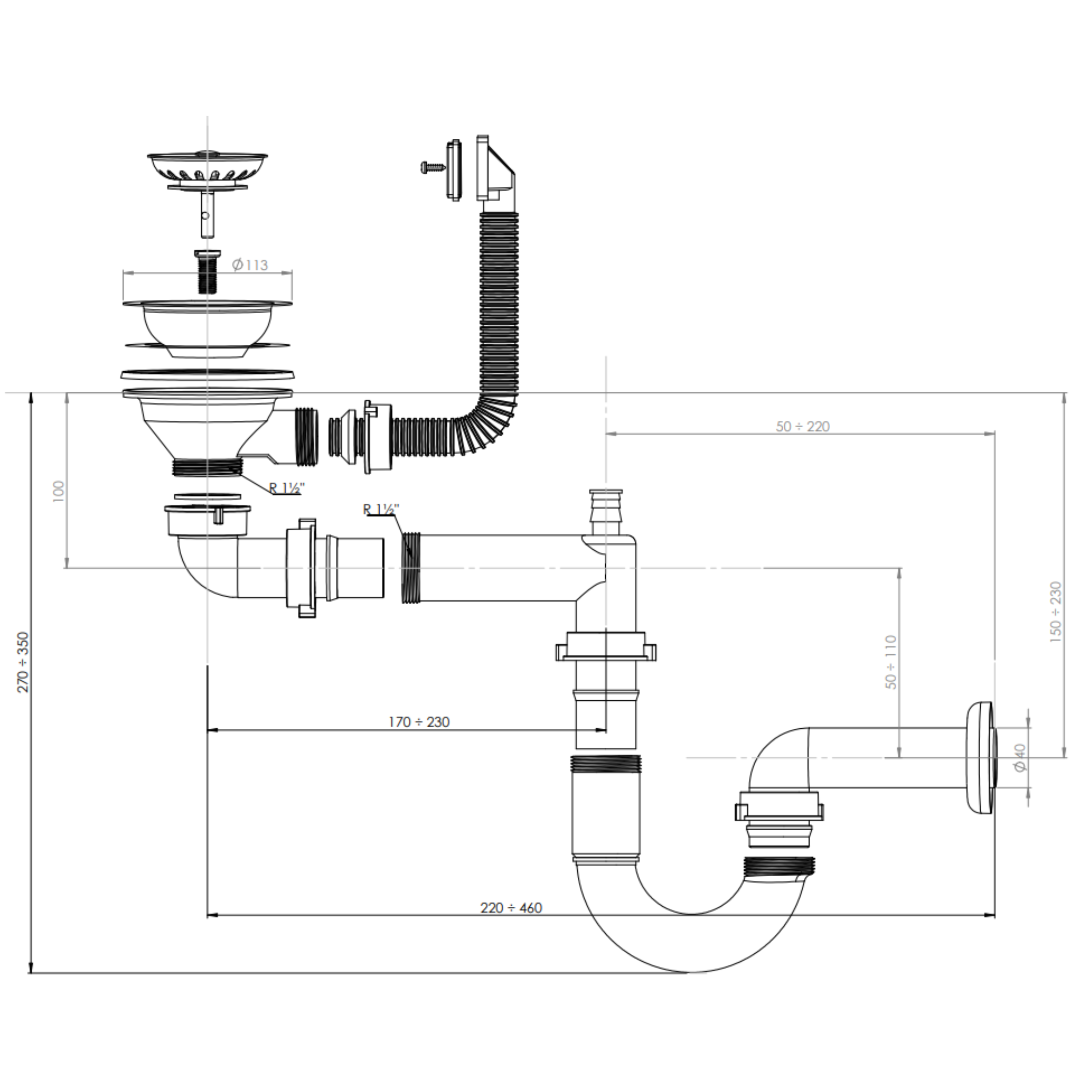 Vidage 1 bac CUIPD661-A pour évier inox NINO 1 bac 100 cm - Siphon gain ...